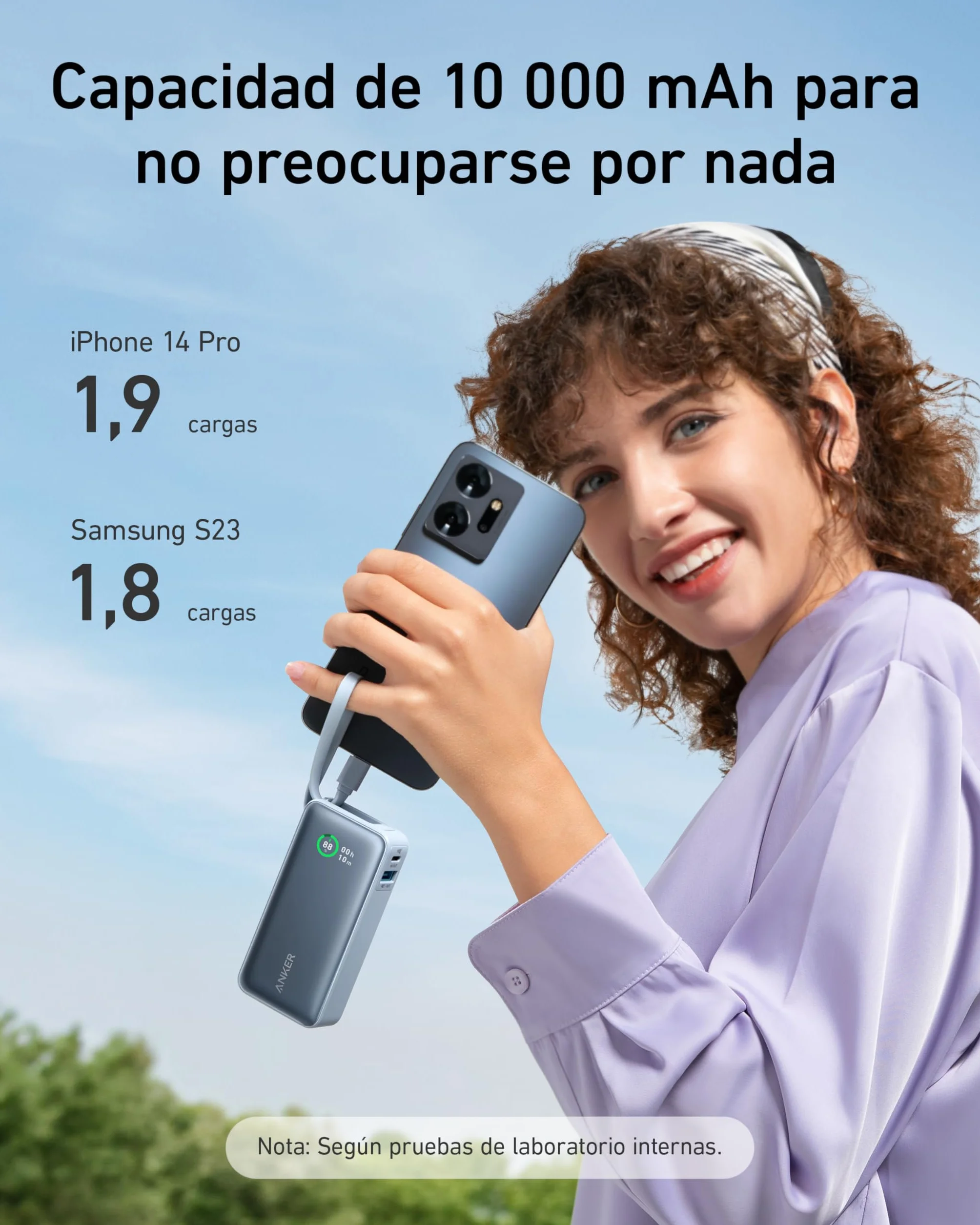 Anker Nano Power Bank 10.000 mAh Powerbank con Cable USB-C Integrado, PD 30 W de Potencia Máxima con 1 x USB-C & A, Compatible con iPhone 17/16/15/14 Series, MacBook, Galaxy, iPad, AirPods y más
