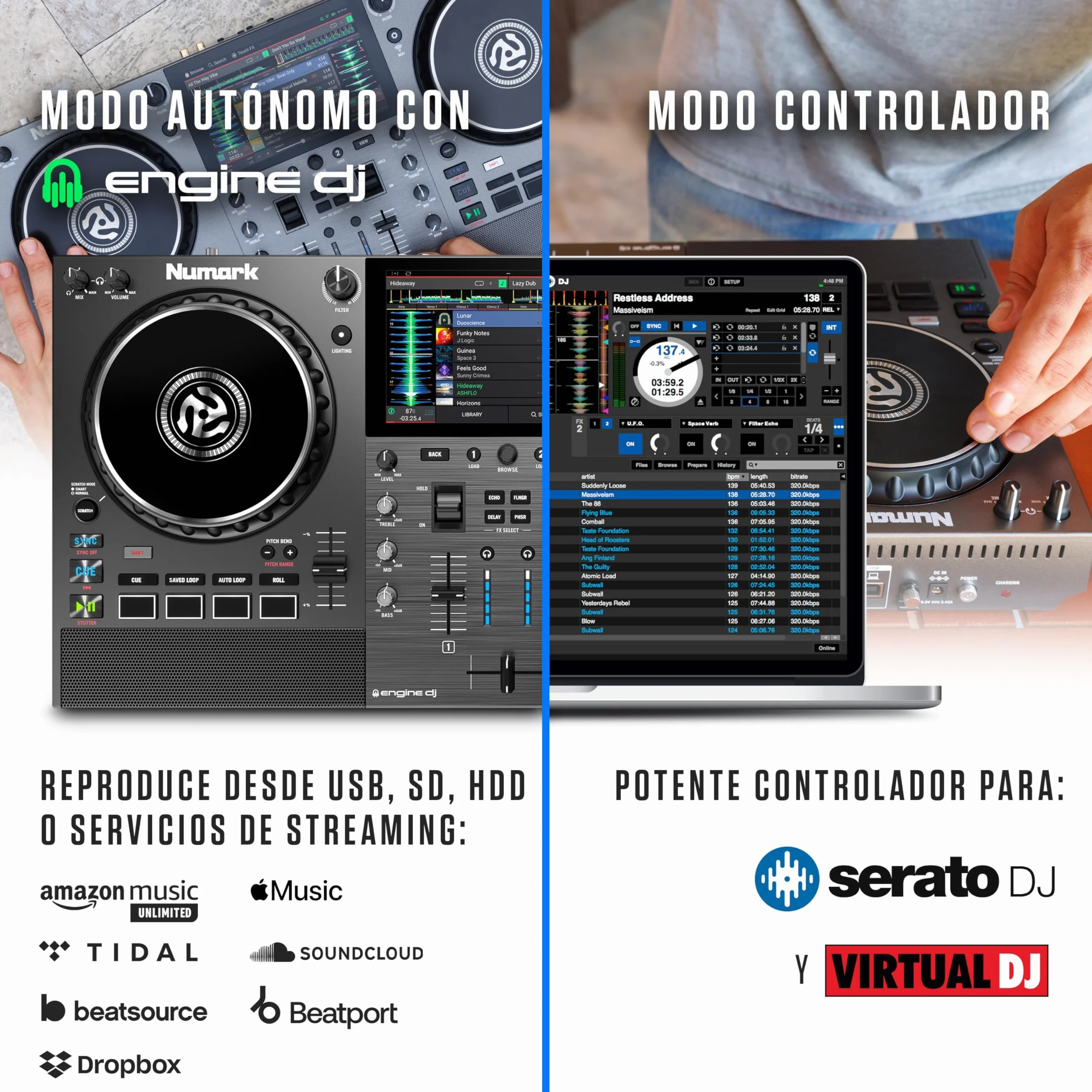 Numark Mixstream Pro Go Controlador DJ portátil, batería, mezclador con separación de stems, altavoces, streaming wifi, pantalla táctil y Serato DJ