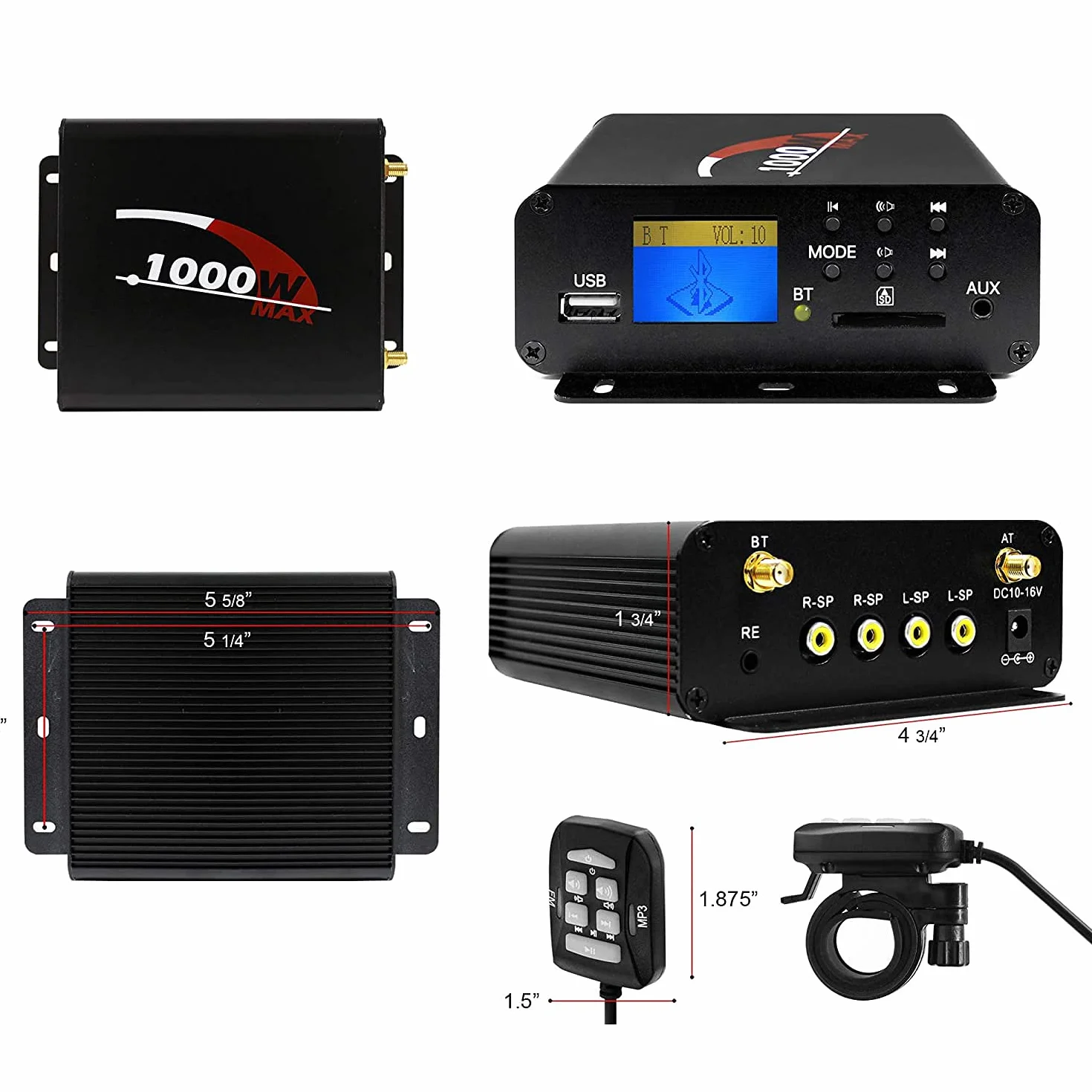 Amplificador estéreo Bluetooth M1000 1000W 4 Canales Radio AUX USB SD FM para Harley ATV UTV RZR
