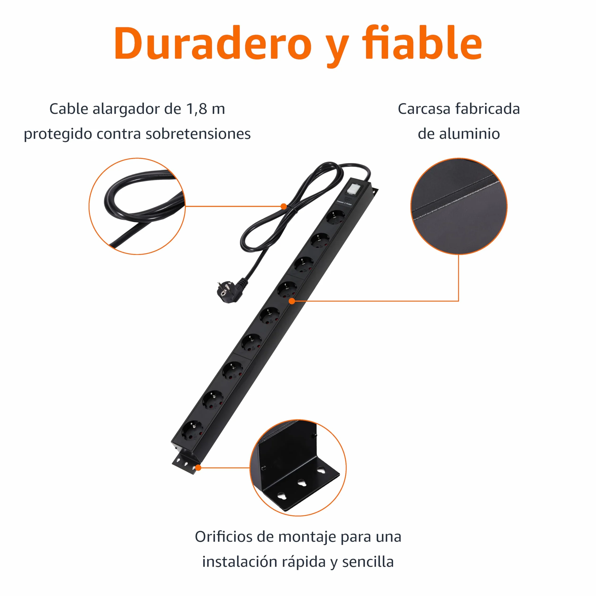 Amazon Basics Regleta de Alimentación Rectangular de Metal Resistente a Sobretensiones con Protectores de Seguridad, 9 Tomas de Corriente (Enchufe de la UE), 600 Julios, Cable Negro de 1,8 m