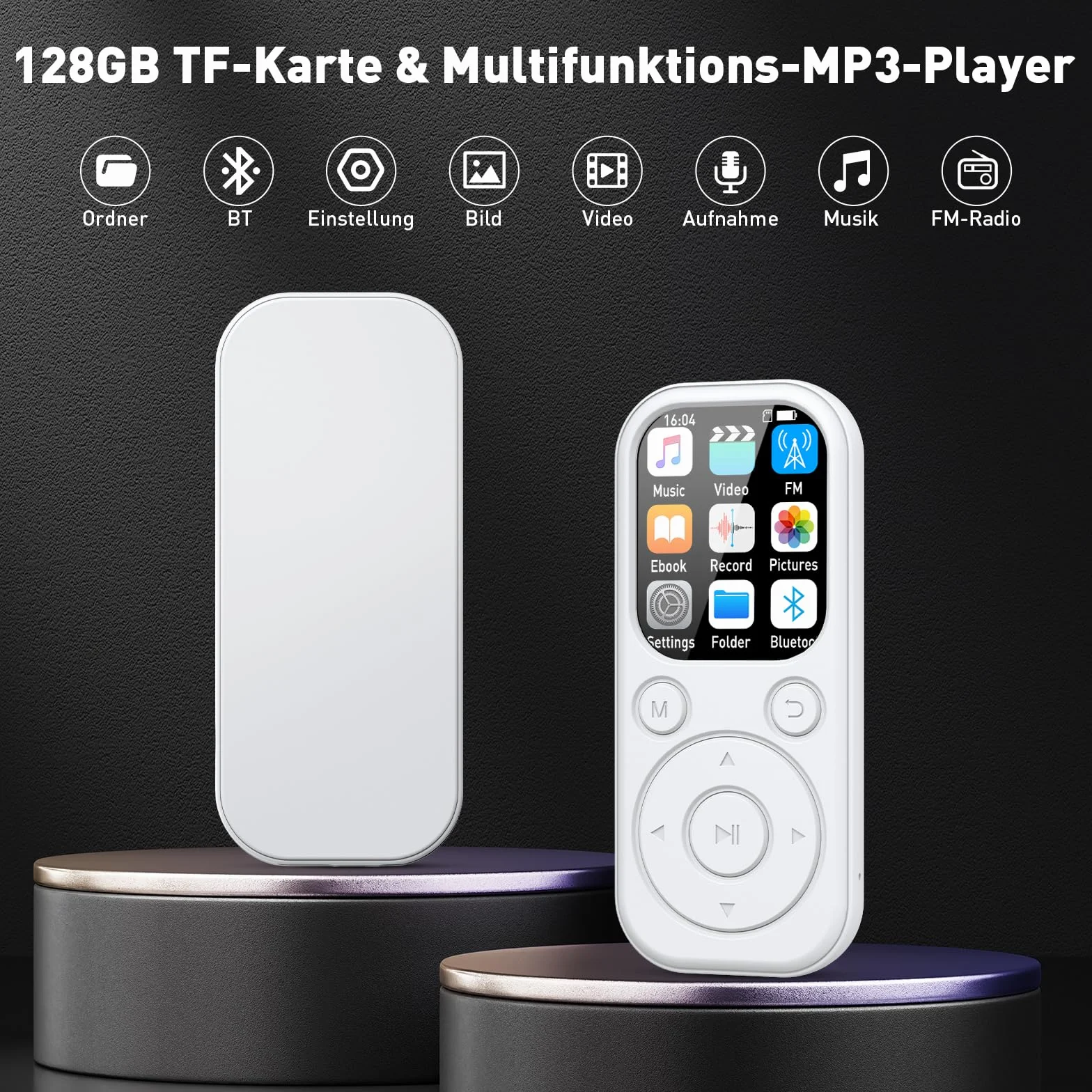 Reproductor MP3 Bluetooth 128 GB con Radio FM, Grabadora Voz, Sonido HiFi, Función E-Book, Blanco