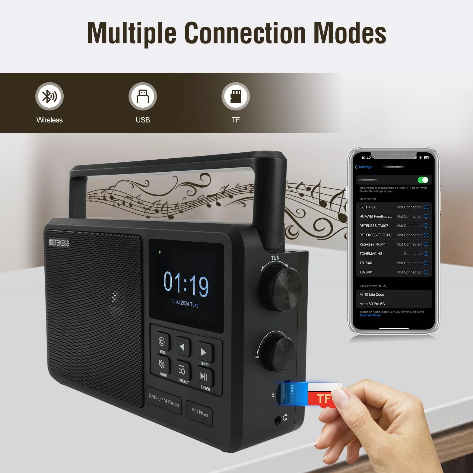 Retekess TR640 Radio por Internet,Radio Digital Dab,Digital FM,Apta para Entusiastas,Silencio con un Solo Toque,Antena Externa,Operación de la Perilla,Personas de Mediana Edad