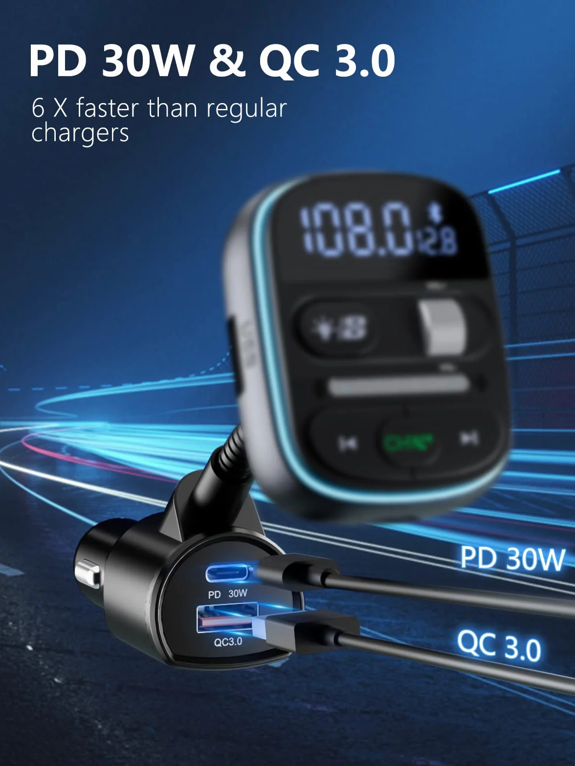 LENCENT Transmisor FM Bluetooth 5.0 para Coche, Adaptador Radio Carga Rápida PD 30W QC3.0, Manos Libres, Reproductor MP3 USB TF