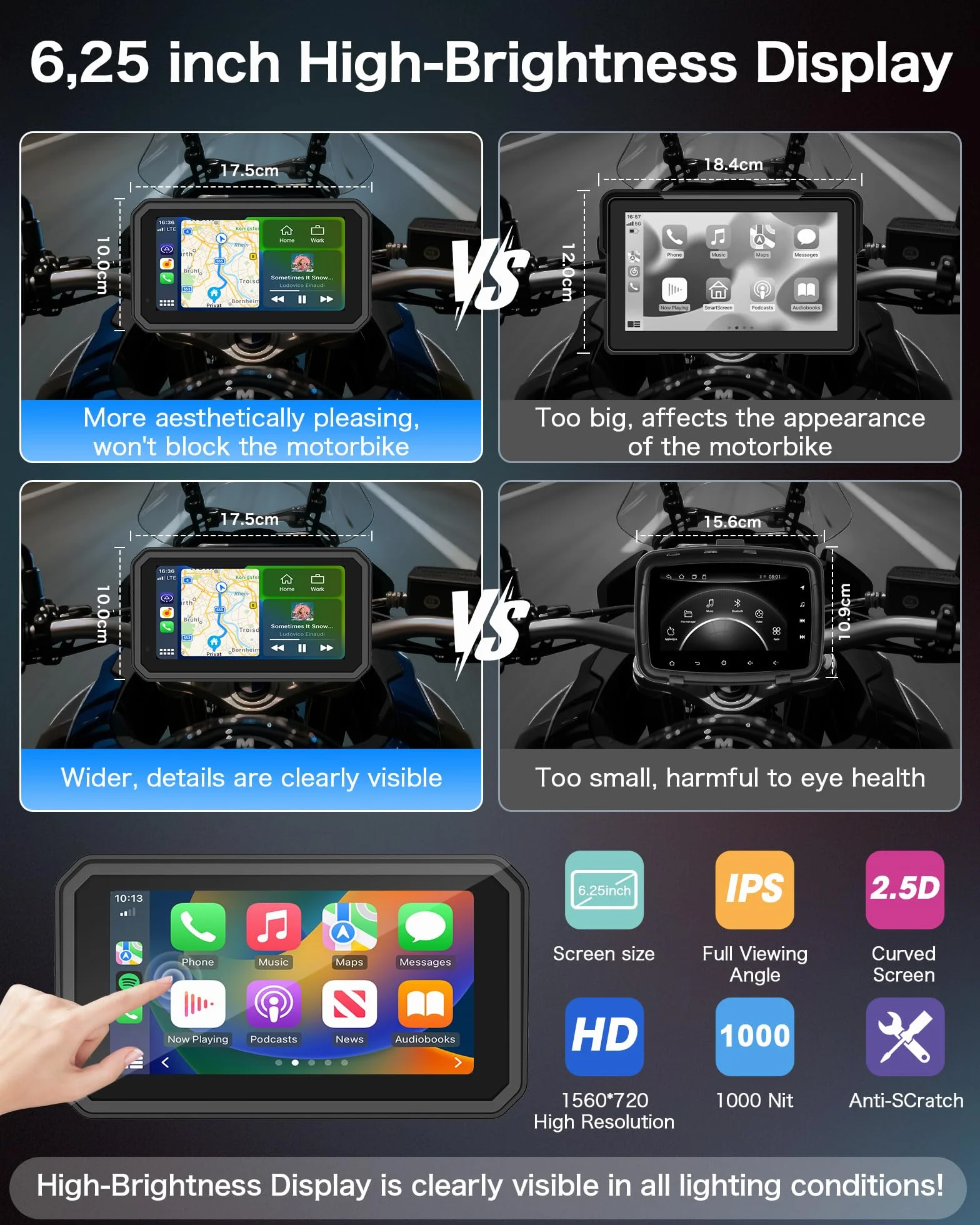 Jansite 6,25 Pulgadas Carplay Moto con 4K Dashcam GPS Navegador, Pantalla Android Auto Doble Bluetooth IP67