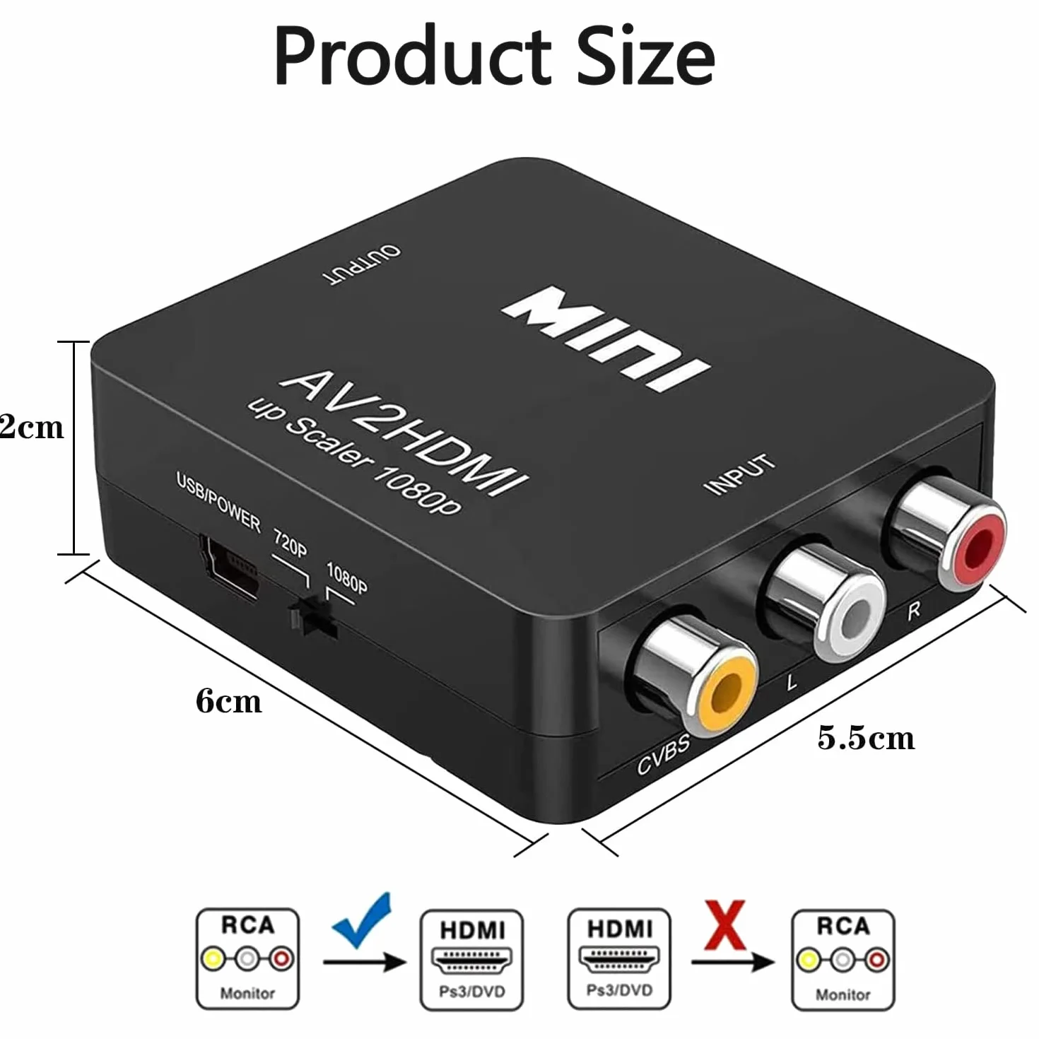 Aweskmod Adaptador Euroconector, RCA A HDMI, para TV, Soporte 1080P con Cable de Alimentación USB para Wii PS2 Gamecube VHS Camara Laptop DVD Proyector