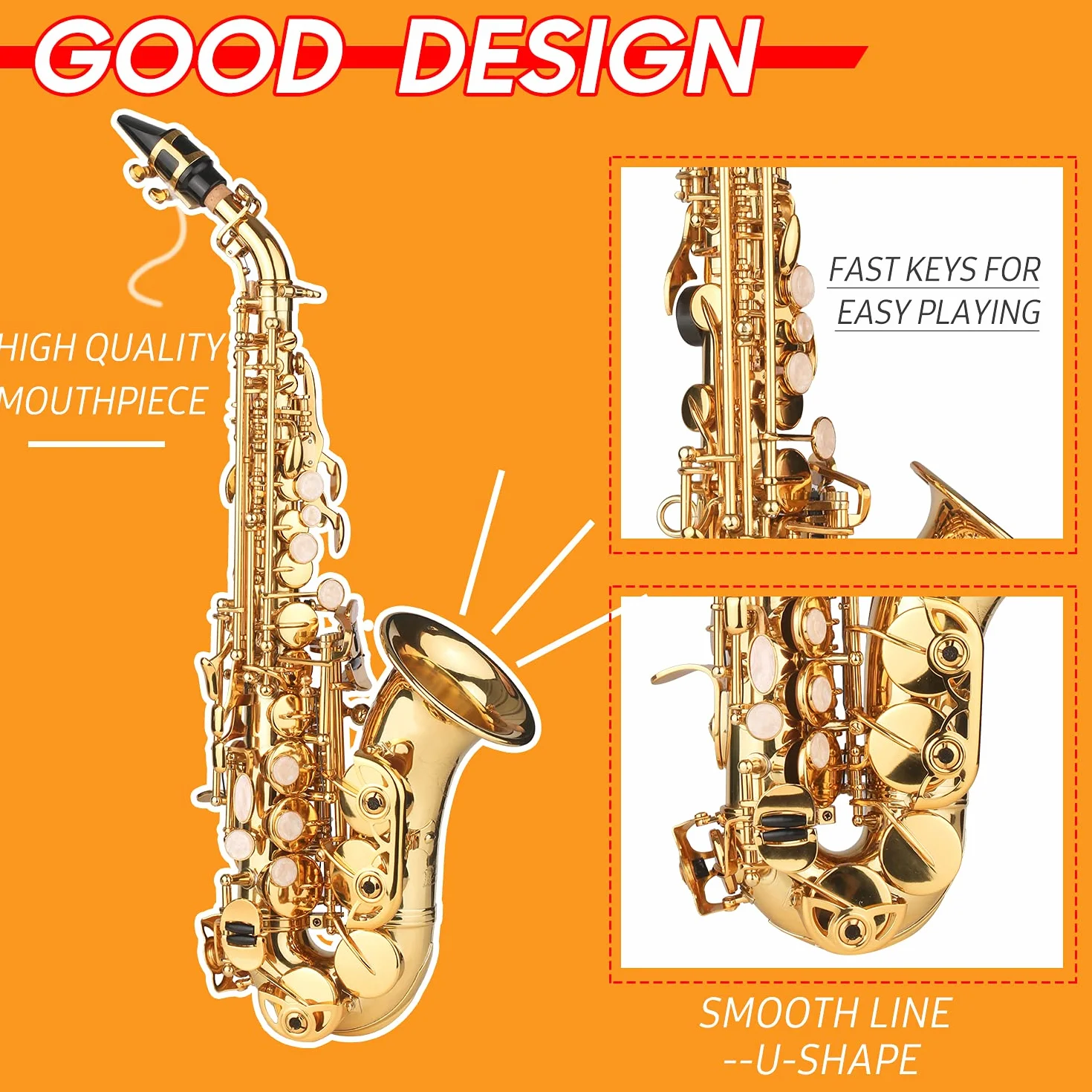 Saxofón Soprano BB Saxofón de latón Lacado en Oro con Estuche para Instrumentos Boquilla Correa para el Cuello Paño de Limpieza Cepillo para músicos Principiantes,saxófono