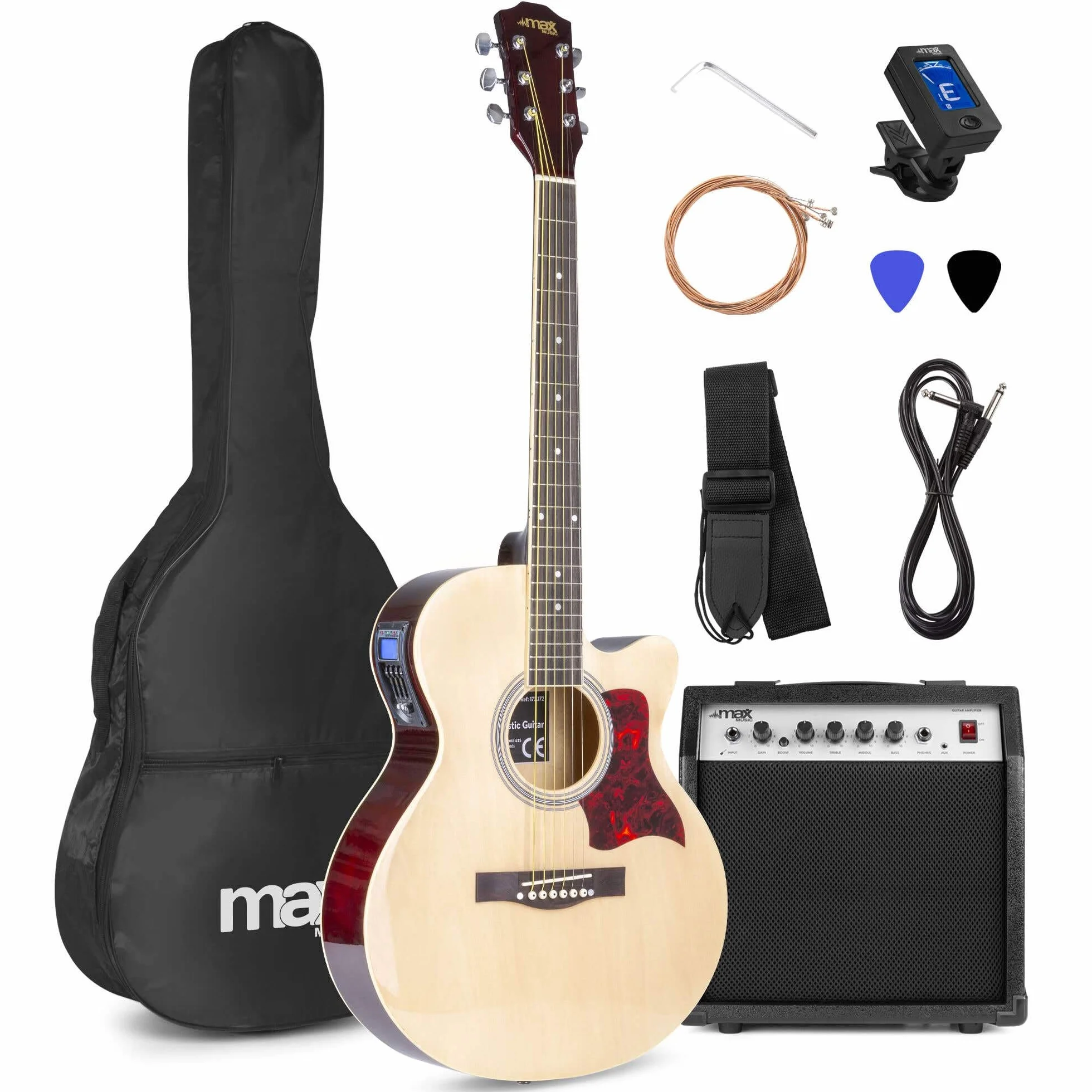 MAX Showkit Guitarra Electroacústica Madera Clara con Cuerdas de Acero de Repuesto, Amplificador, Funda, Afinador, Correa y 2 Púas – Pack Completo Ideal para Principiantes, Ensayos o Regalo