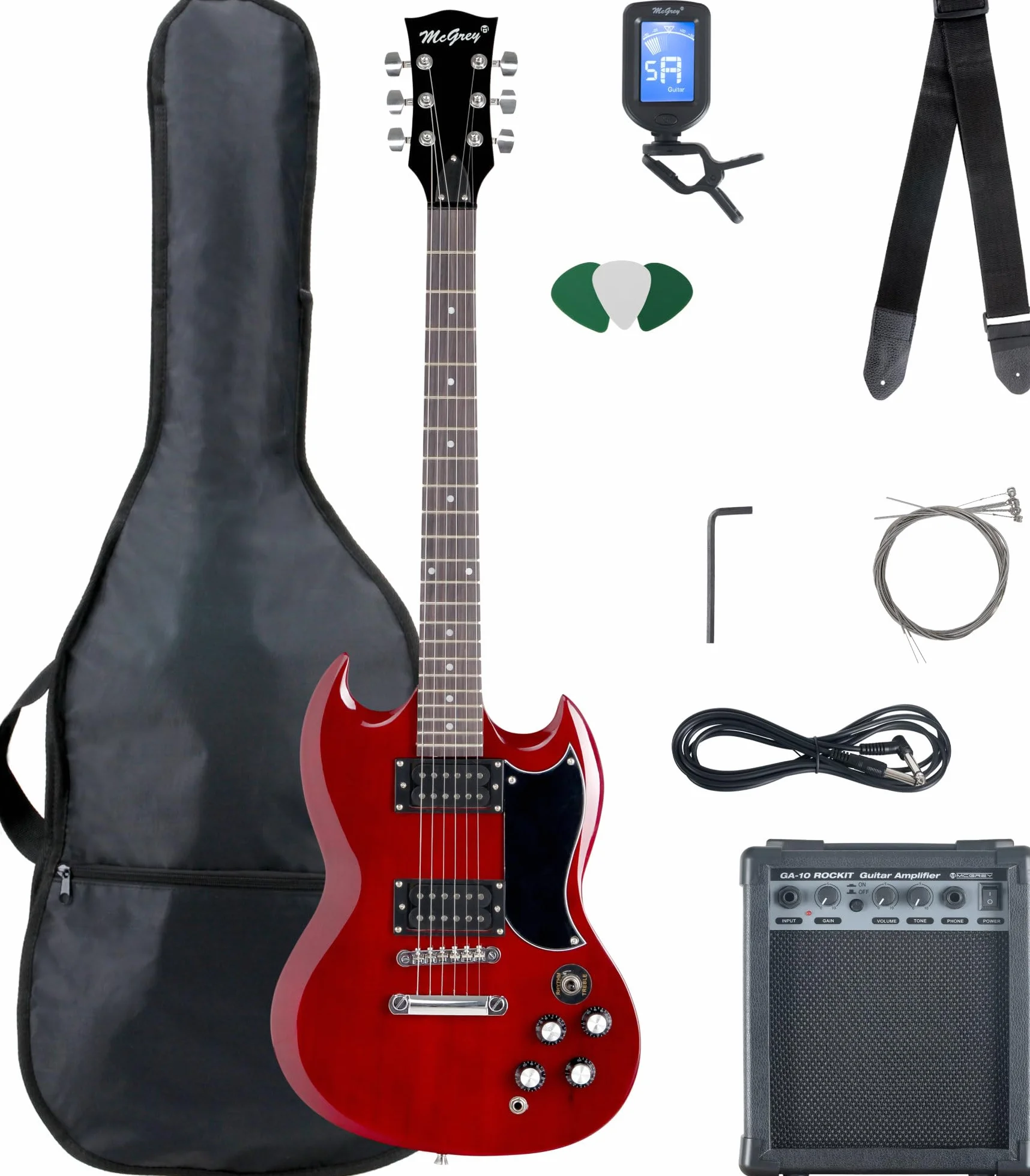 McGrey Rockit Double Cut Set Completo Guitarra Eléctrica 8 piezas: guitarra, amplificador, cuerdas, funda, afinador, púas, correa y cable. Color Cherry Red.