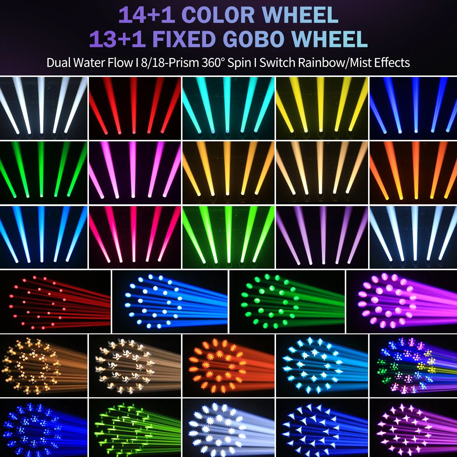 Beam Cabeza Móvil LED Iluminación de Escenario 380W, Juegos de Luz RGBW 14 Patrones 15 Colores Enfoque Electrónico DMX512 Prisma Rotación de 360 ° para Bodas Discoteca Teatros 2PCS