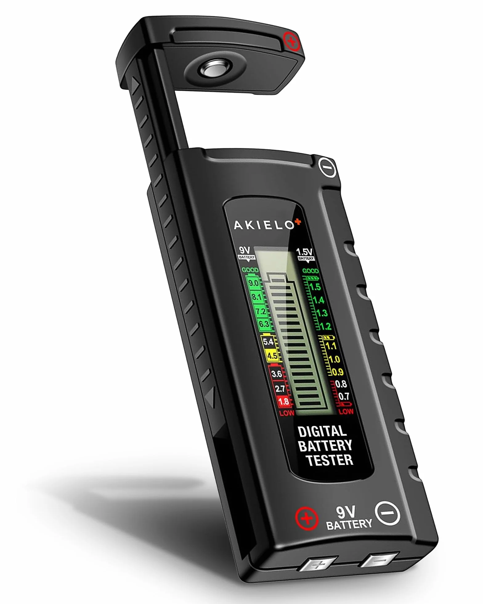 AKIELO+ Comprobador de Pilas Universal Digital – Pantalla LCD de Fácil Lectura – No Requiere Batería – Probador de Pilas Domésticas para AA AAA C D 9V y Pilas de Botón 1,5V