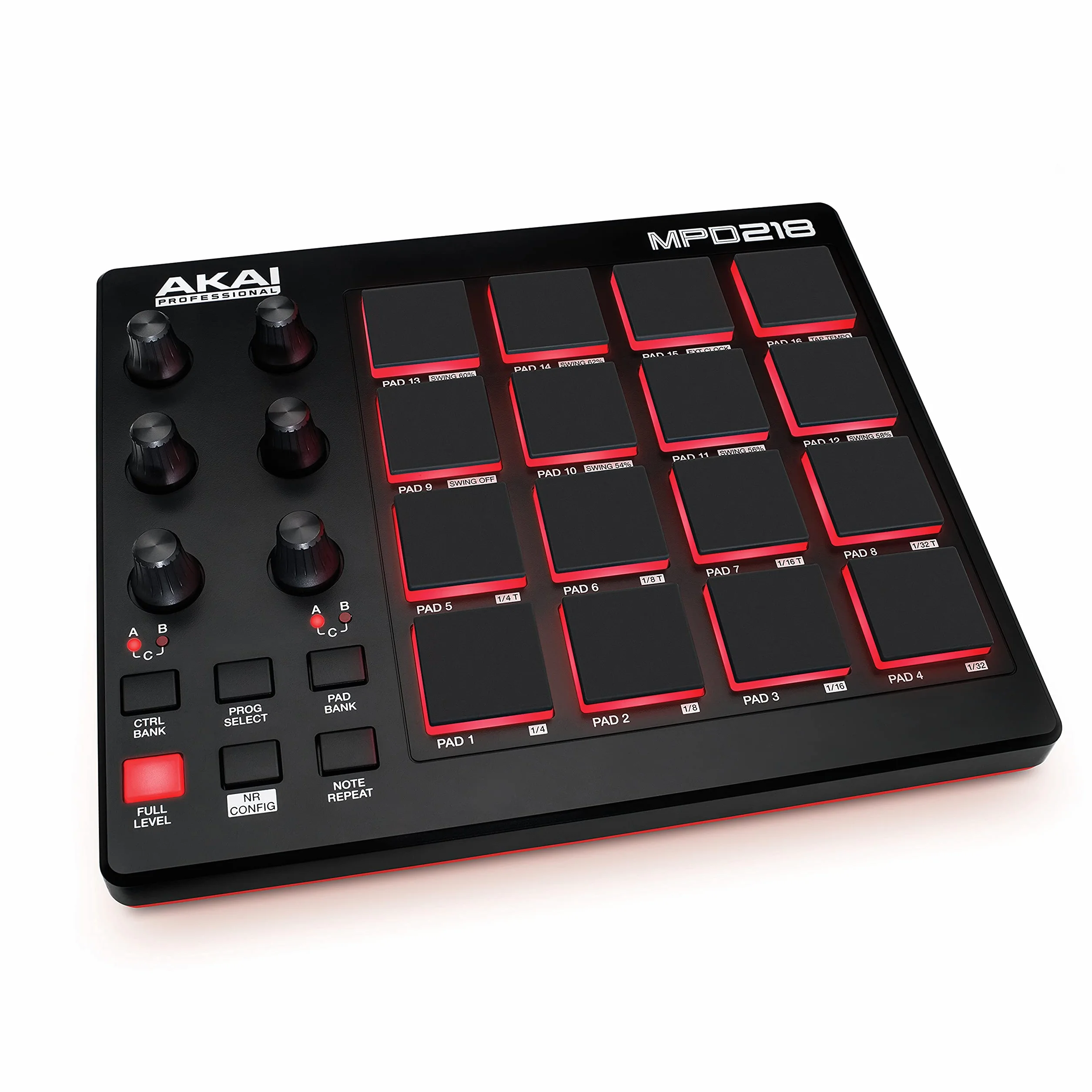 Akai Professional MPD218 - Controlador de Pads MIDI USB con 16 Pads MPC y 6 Knobs Asignables para DAW, Botones Note Repeat y Full Level, y Software de Producción