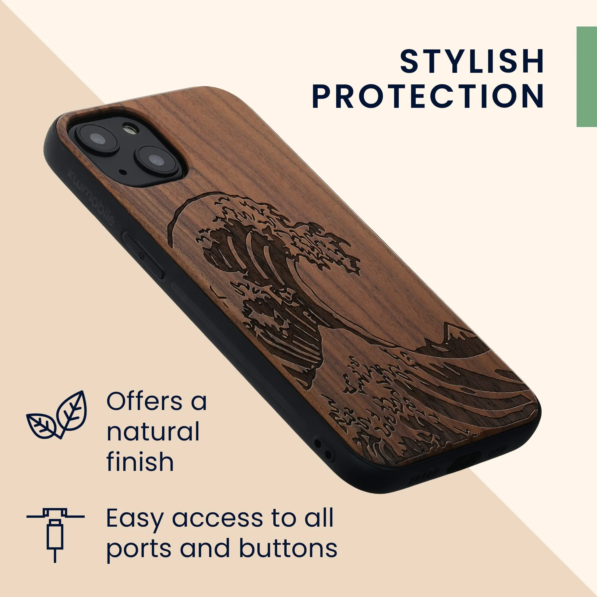 kwmobile Funda de Madera Compatible con Apple iPhone 13 con Bumper Antigolpes - Estampa Japonesa