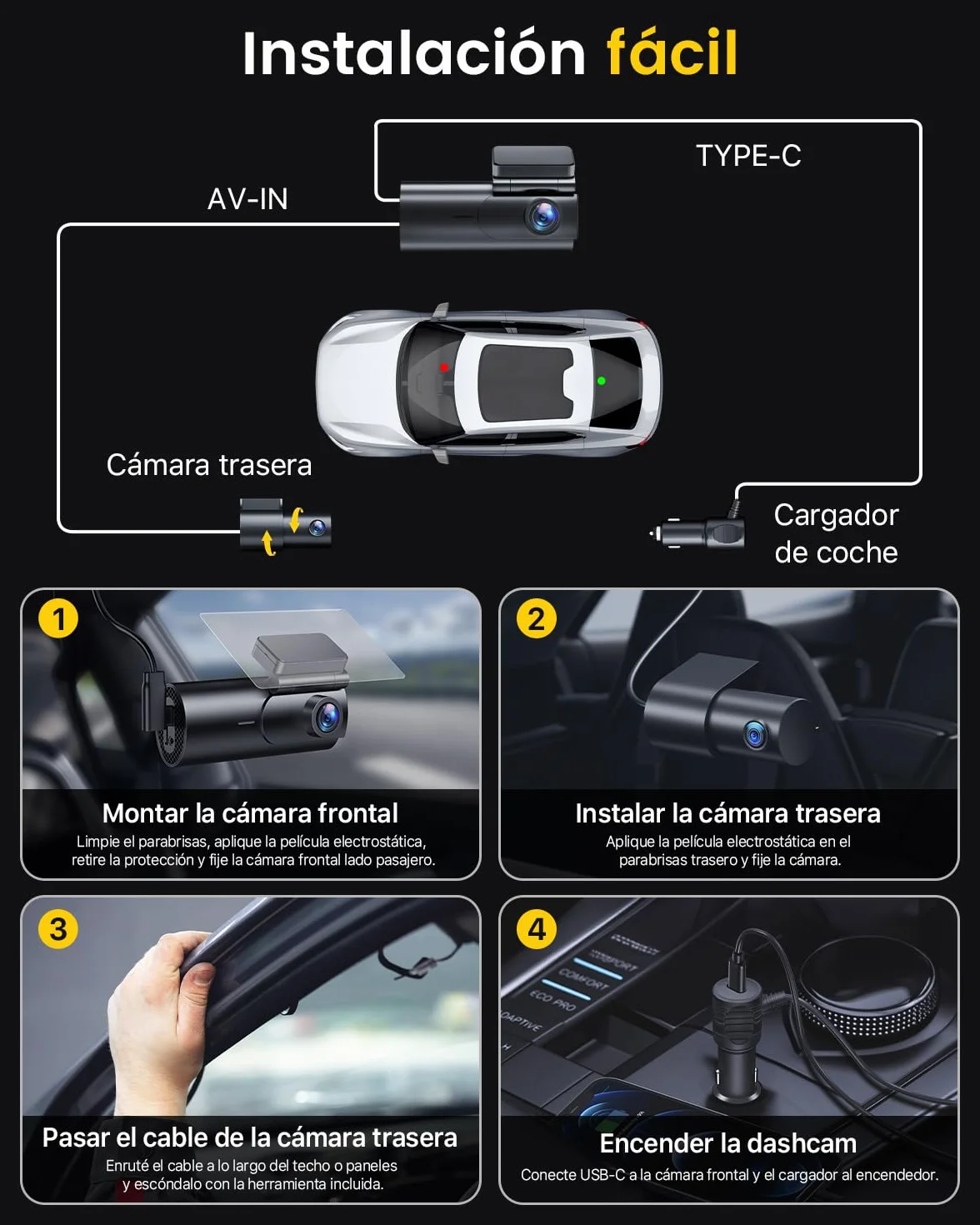GKU Dashcam Cámara Coche 4K+1080P, 5GHz WiFi Dash CAM Coche con Tarjeta SD de 64GB,Camara Coche Grabadora,170° Gran Angular,Visión Nocturn,WDR,Sensor G,Monitor de Aparcamiento
