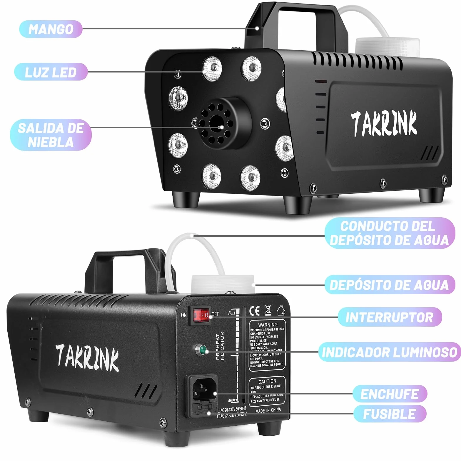 TAKRINK Máquina de Humo 900W con 8 Luces LED RGB de 16 Colores Control Remoto Inalámbrico y Niebla Automática Fog Machine Portátil para Fiestas Bodas Discotecas DJ y Eventos Especiales