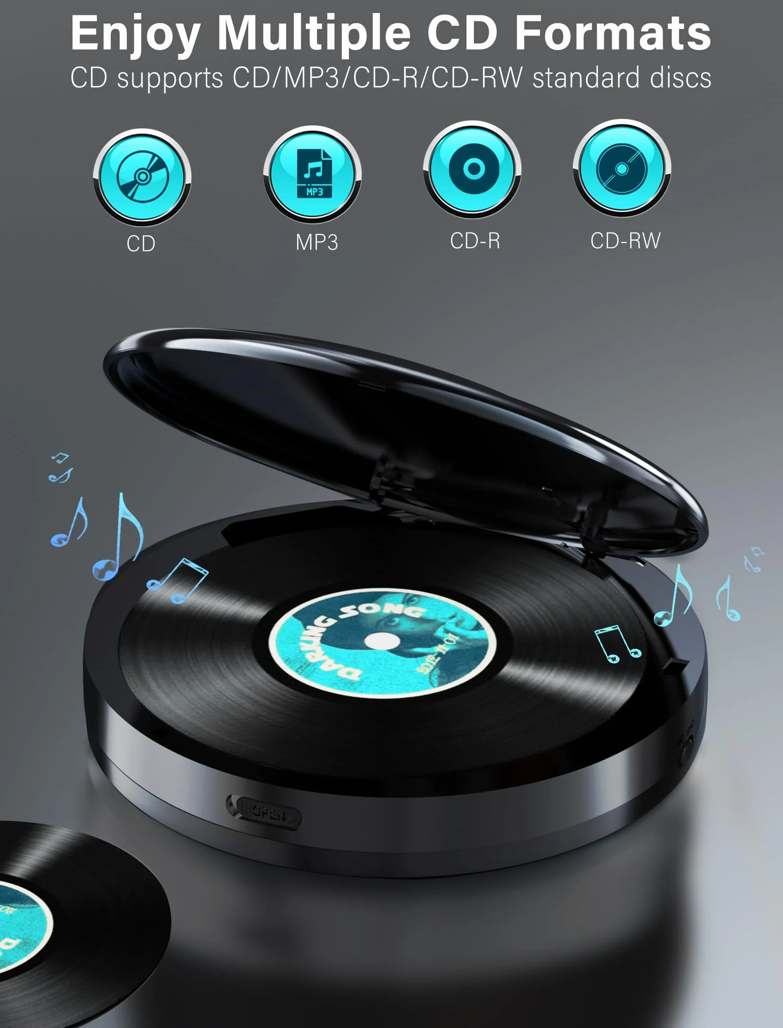 Reproductor de CD con transmisor FM Bluetooth, pantalla LCD, 2000 mAh recargable, gris claro