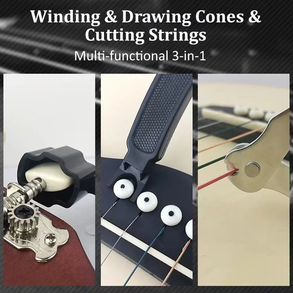 Cortador de cuerdas de guitarra y extractor de pines de puente, herramienta de mantenimiento multifuncional 3 en 1, accesorios de guitarra (negro)