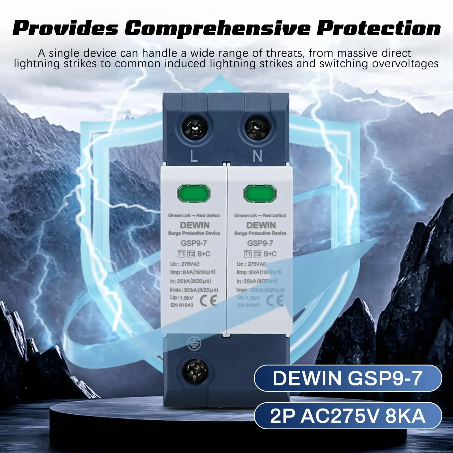 DEWIN Protector Sobretensiones 2P 40KA 275VAC Dispositivo de Protección contra Sobretensiones, Proteccion Sobretensiones Permanentes y Transitorias Protector Sobretension (T1+T2)