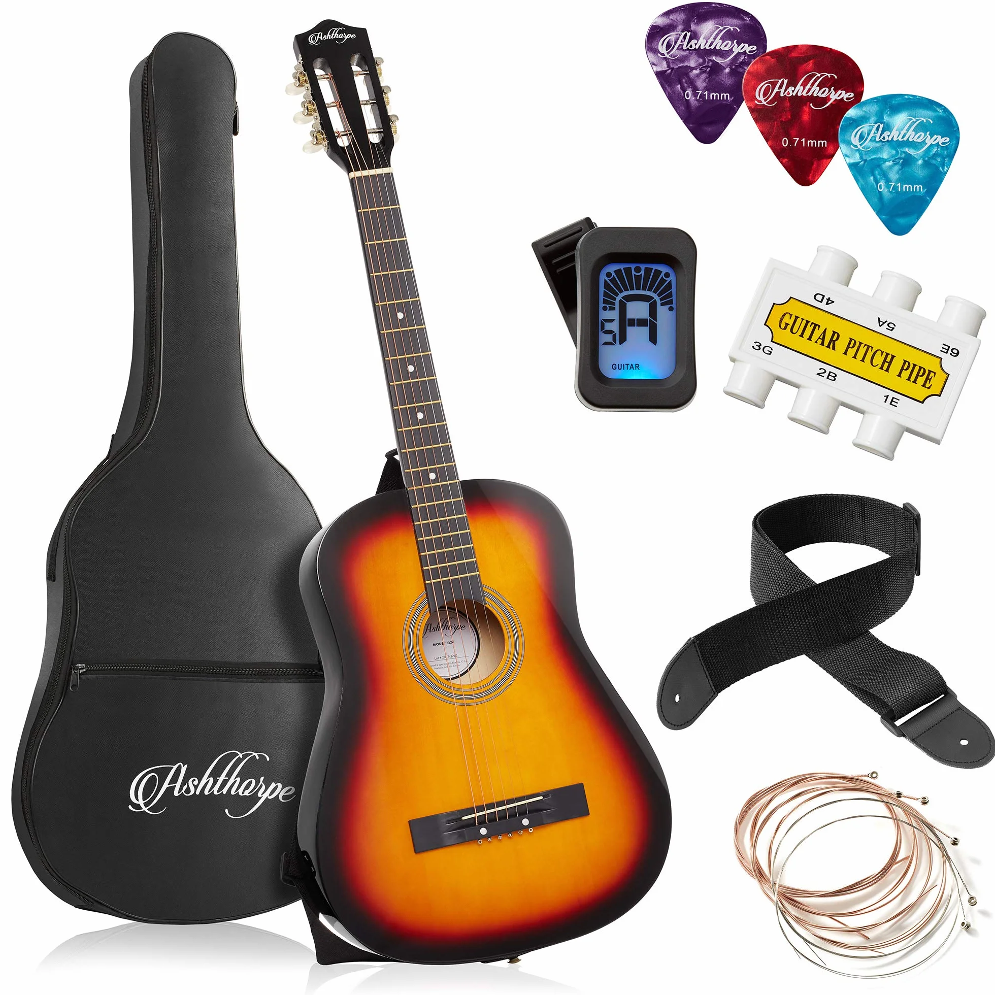 Ashthorpe Paquete de guitarra acústica para principiantes de 38 pulgadas (Sunburst), kit básico de inicio con bolsa de concierto, cuerdas, correa, afinador, tubo de tono, púas