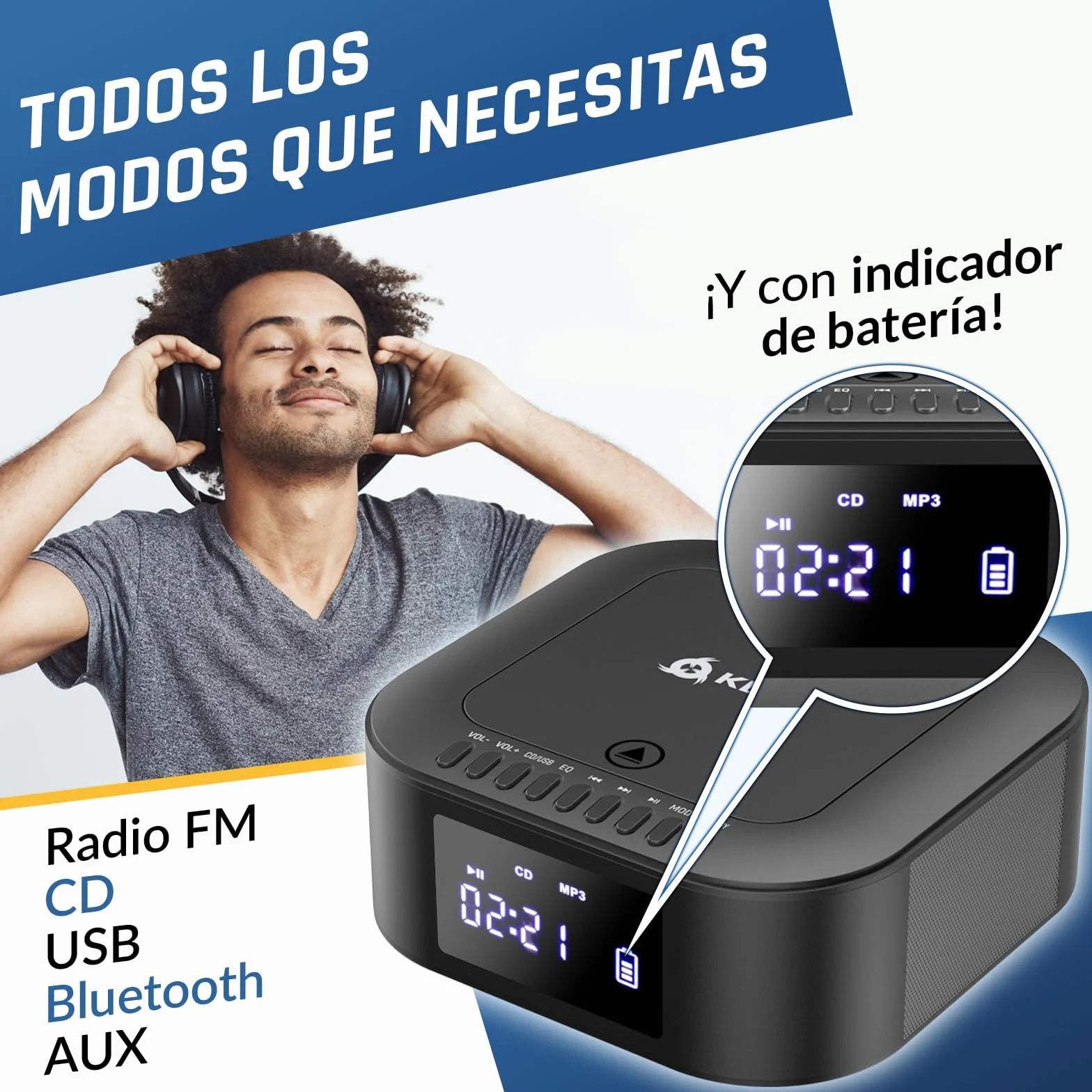 Klim Boombox E1 Reproductor de CD portátil con Bass Boost, Subwoofer, Radio FM, Bluetooth, MP3, AUX, USB y Mando