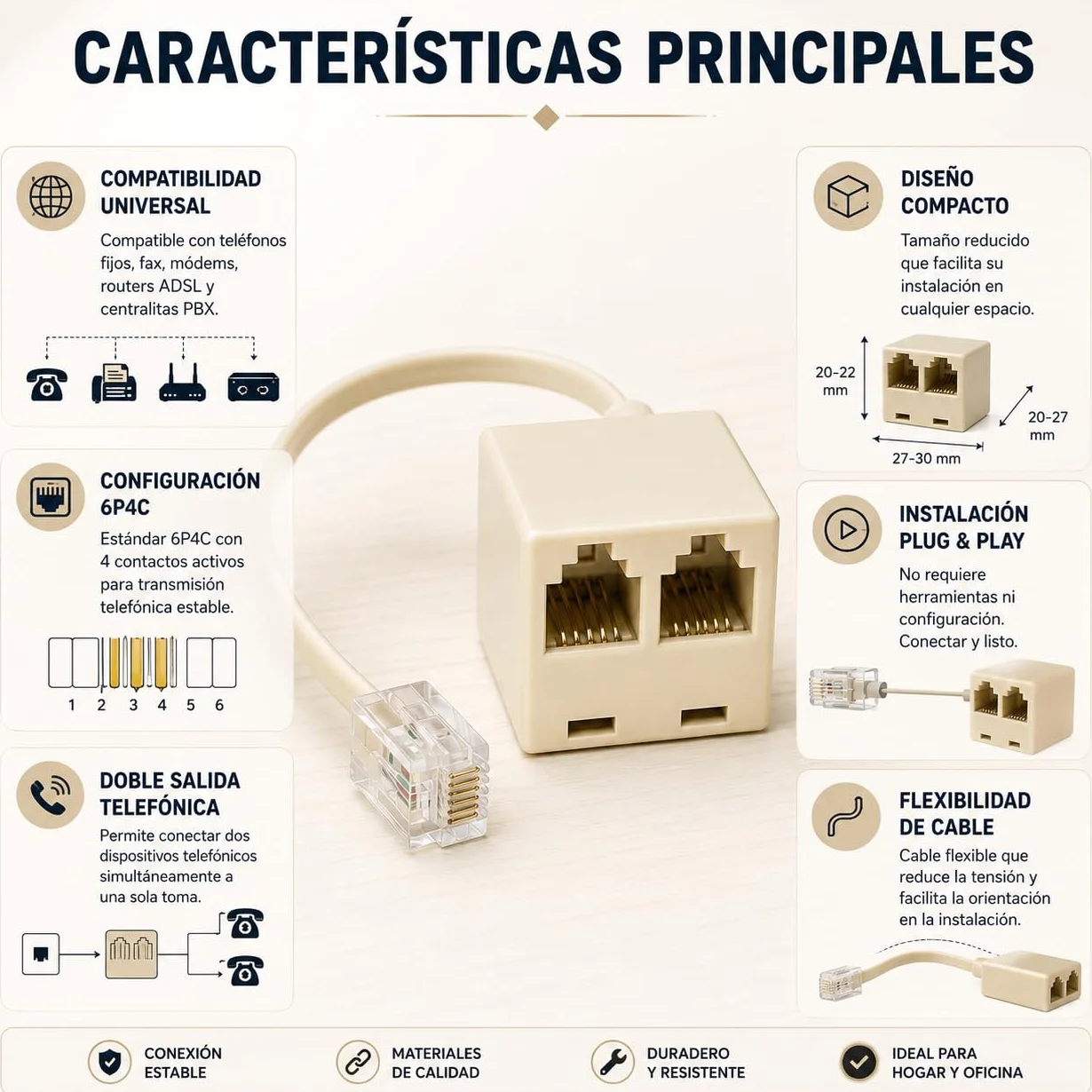 CABLEPELADO Bifurcador de telefono 6P4C RJ11 Macho a Doble RJ11 | Adaptador con cable - Beige