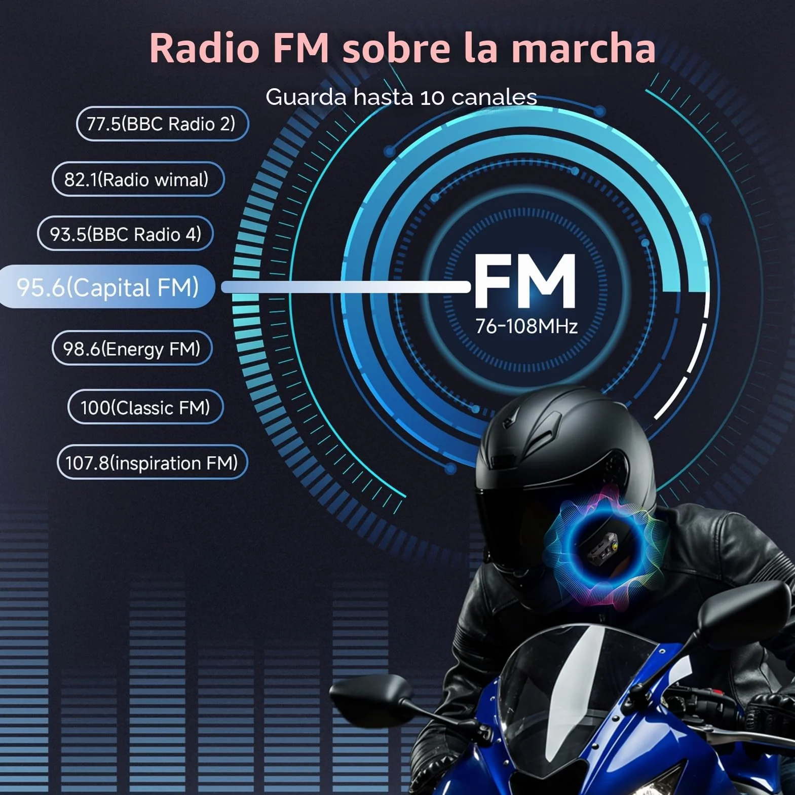 Moman Auriculares Casco Moto - Asistente de Voz, RS-H4P Manos Libres Auriculares Inalámbricos HiFi Estéreo Dual Reducción de Ruido Batería 1000mAh/RGB/Radio FM/Botón Apto para Guantes