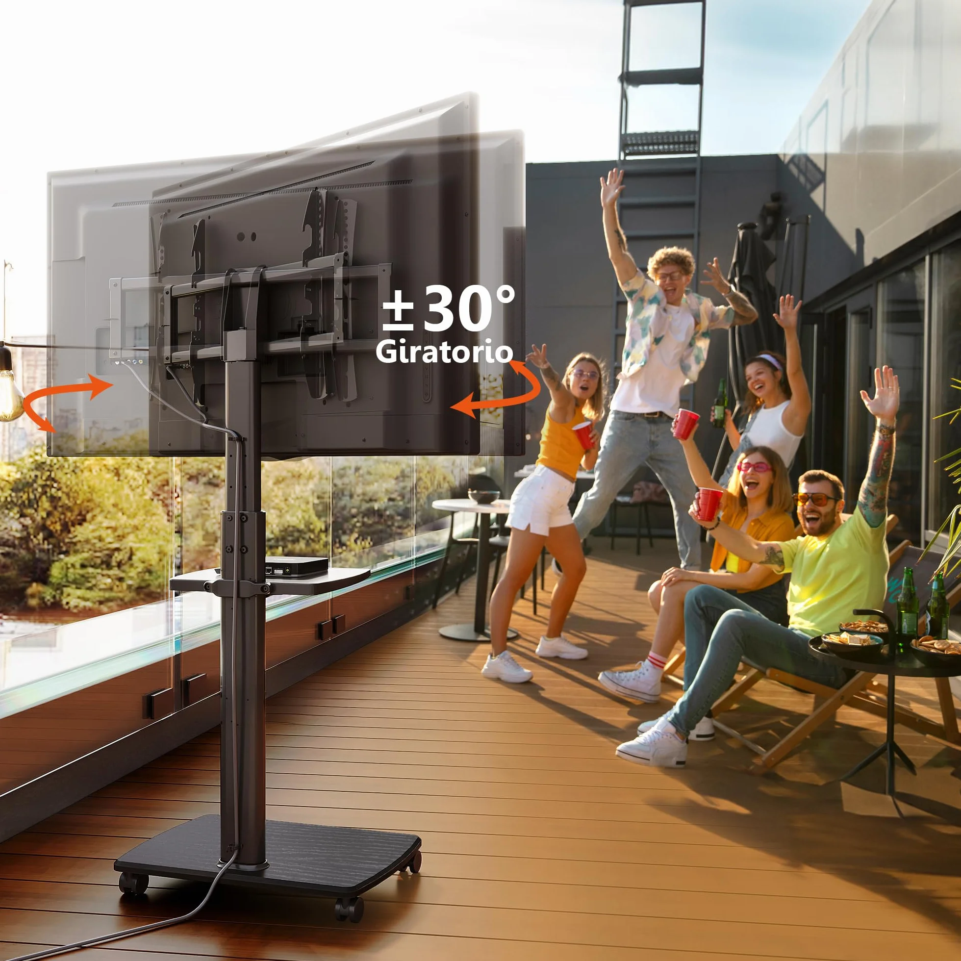 FITUEYES Soporte TV de Pie Ruedas para Pantallas de 32 a 70 Pulgadas con Base de Madera,MAX VESA600*400mm,Soporte de TV con Ruedas con Giro de Placa,Ajuste de Altura,Gestión de Cable,con Estante