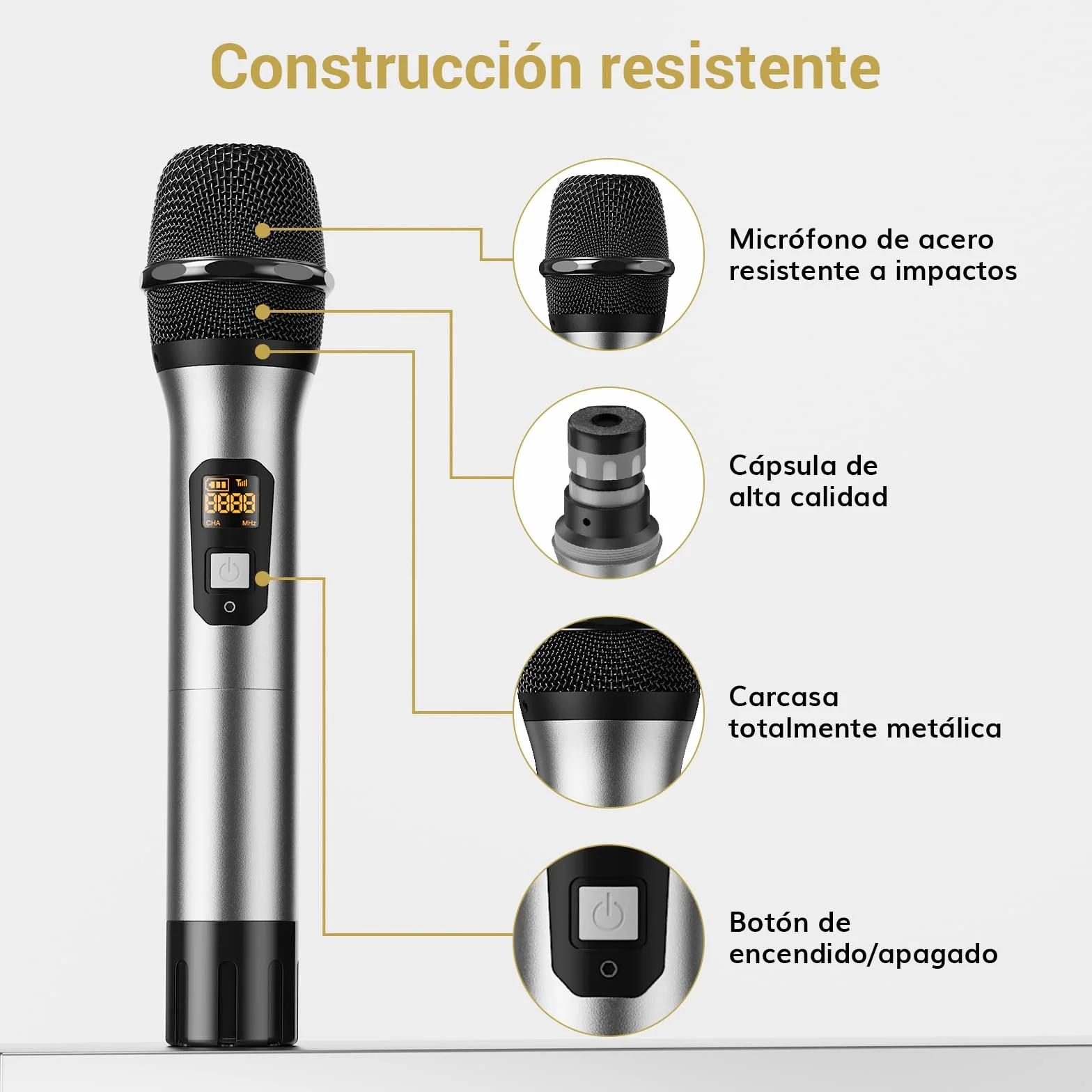 TONOR Micrófono Inalámbrico Dual Sistema de Micrófono Inalámbrico de Mano Profesional UHF, Set KTV Hogar para Karaoke, DJ, Fiesta, 60 Metros, TW820, Plata