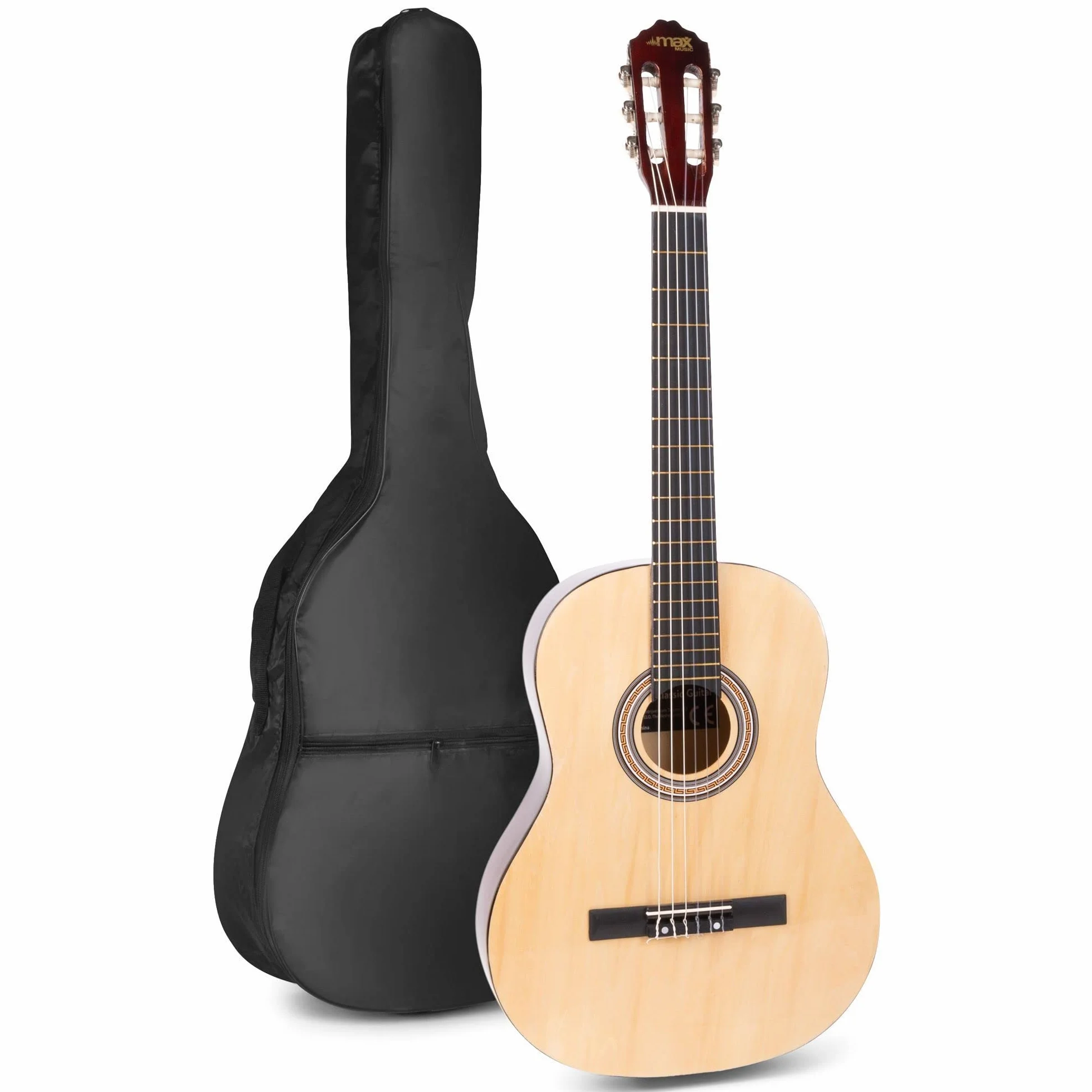 MAX SoloArt Guitarra Clásica Madera Natural – Set Completo para Principiantes con Atril, Soporte, Bolsa, Afinador, Púas, Cuerdas y Correa – Ideal para Jóvenes y Adultos desde 8 Años