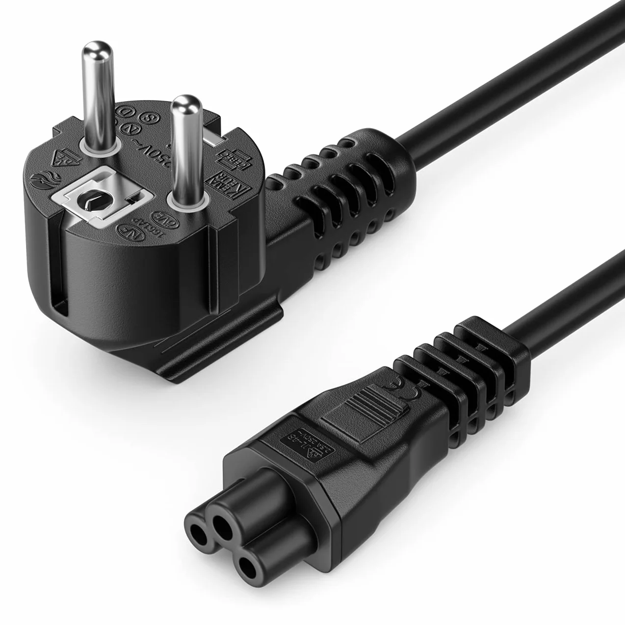 deleyCON 1m Cable de Alimentación con Enchufe Tipo F (CEE 7/7) en ángulo de 90° a Conector IEC C5 (Trébol) 2,5 A, para TV, Monitor, Pantalla, Portátil y Adaptador de Corriente - Negro