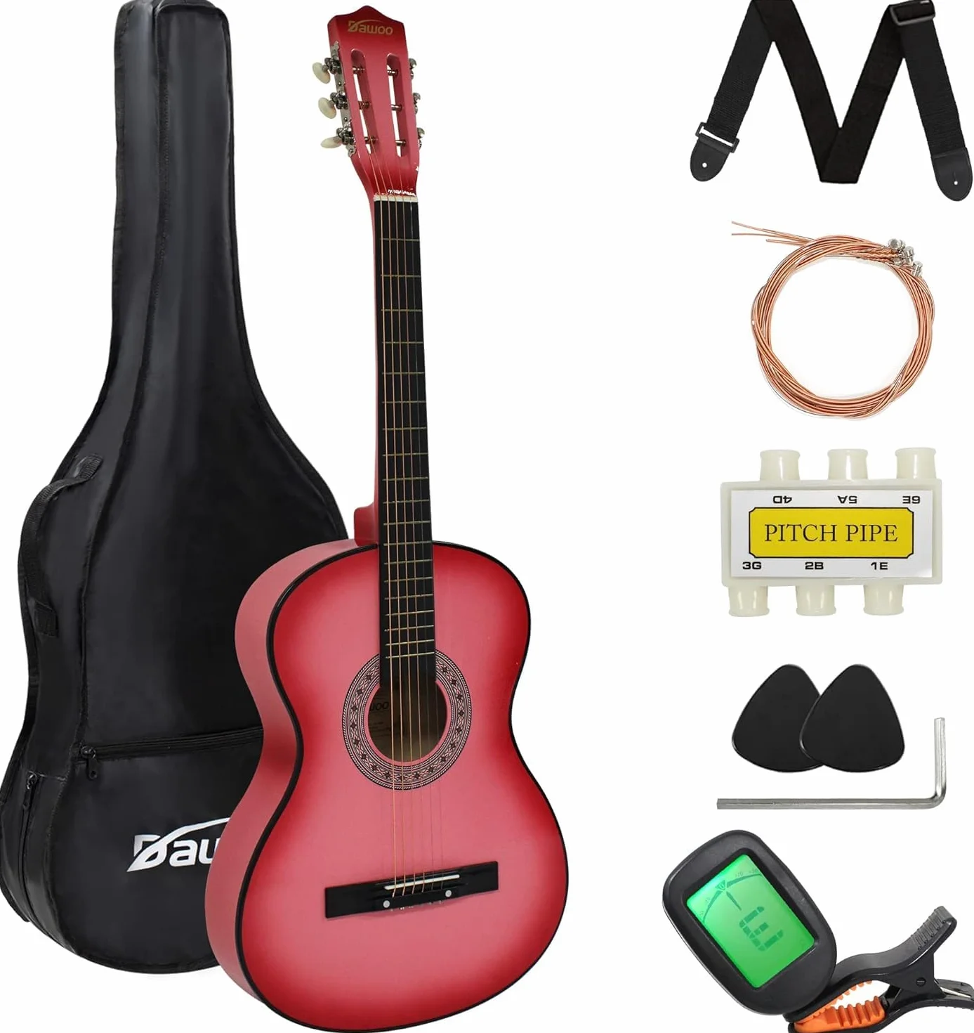 Dawoo Guitarra Acústica De 38 Pulgadas, Conjunto De Guitarra Para Amantes De La Música Para Principiantes (Rosa)