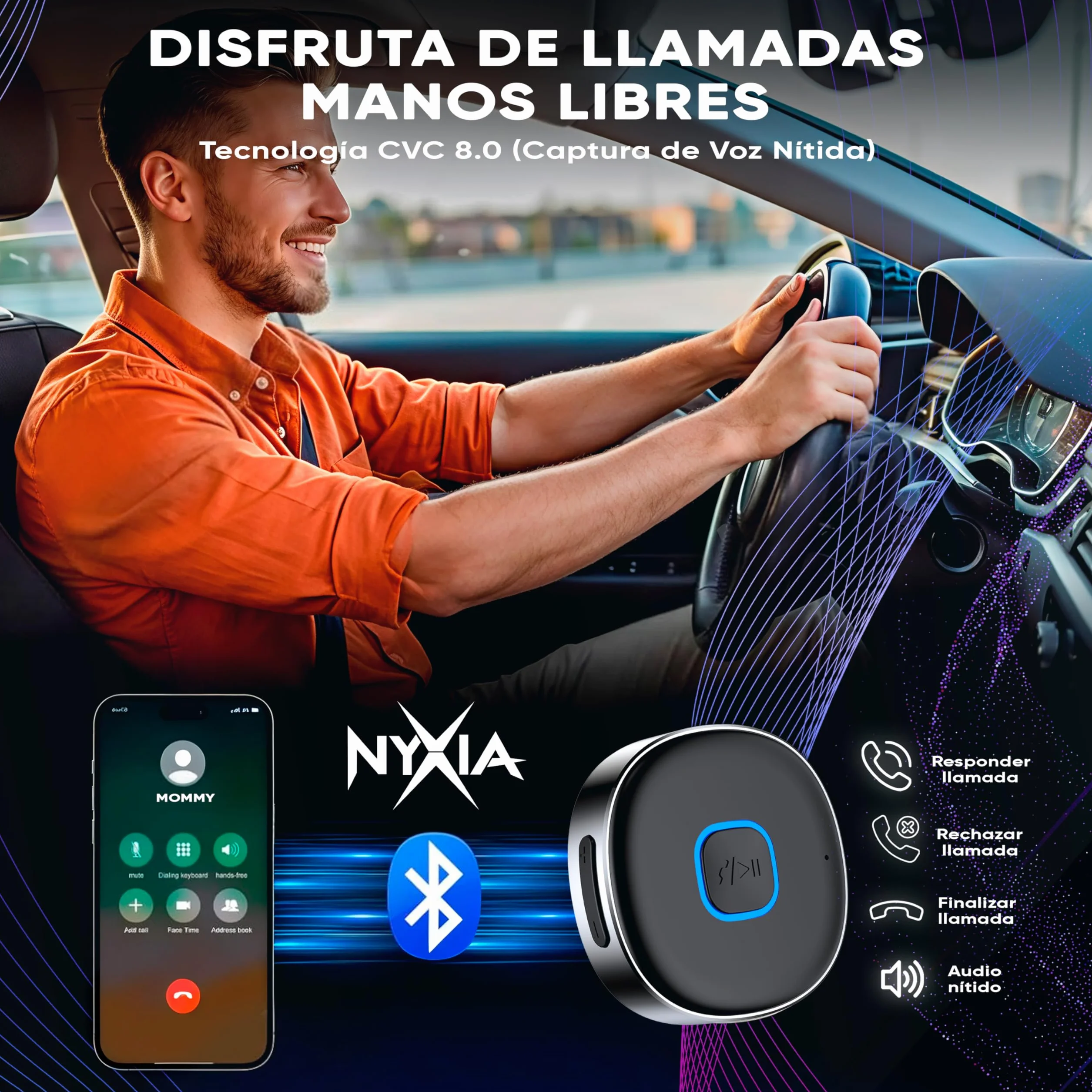 Nyxia® Receptor Bluetooth 5.4 Adaptador para Coche y AUX | Conexión Dual | Audio Jack 3.5 mm | Tiempo Reproducción 16H | para Altavoz | Estéreo Doméstico | Llamadas Manos Libres | Auriculares Cable.
