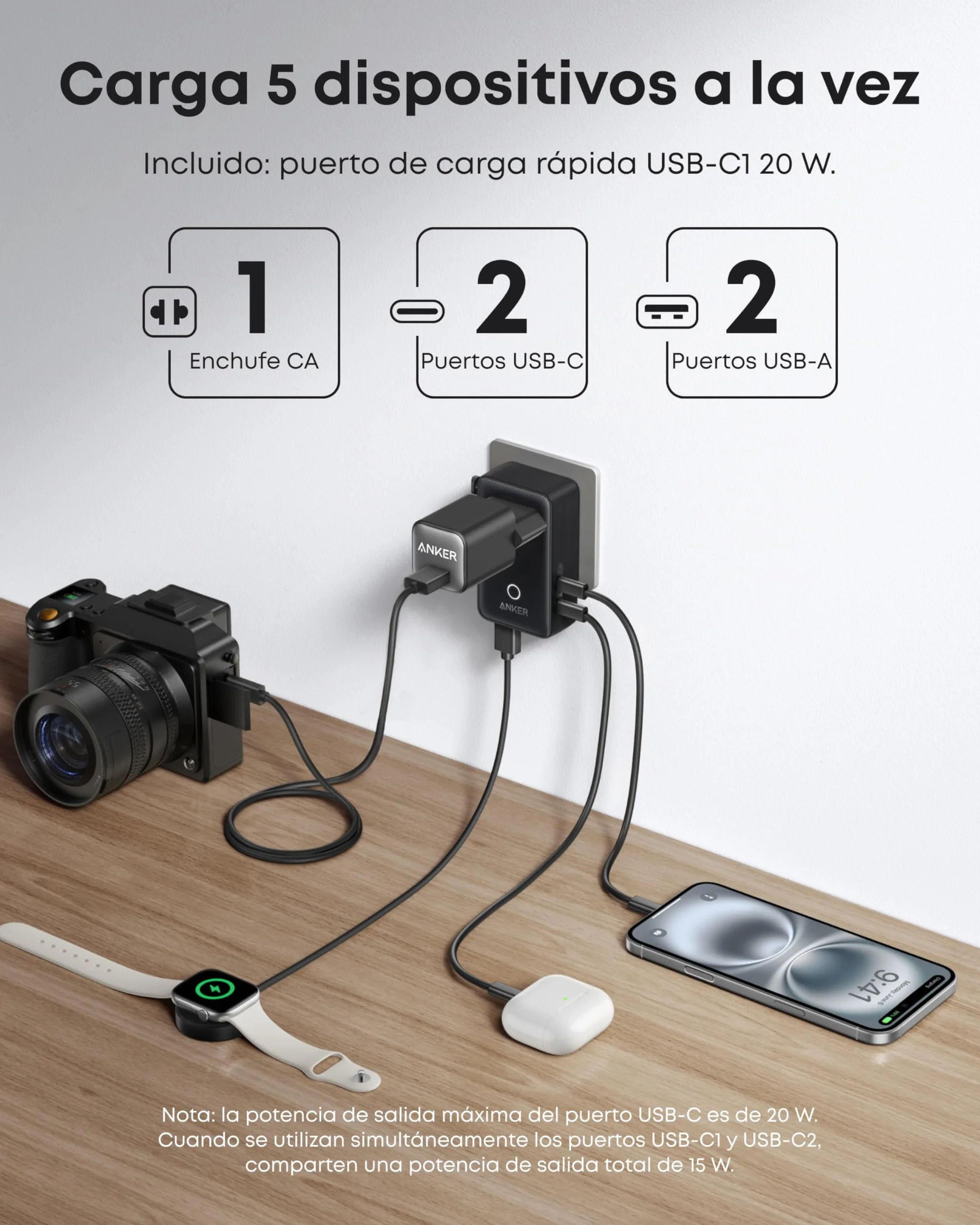 Anker Nano Adaptador Enchufe Universal de Viaje, 5 Puertos USB con 1 Puerto CA, 2 USBA y 2 USBC, Control de Temperatura