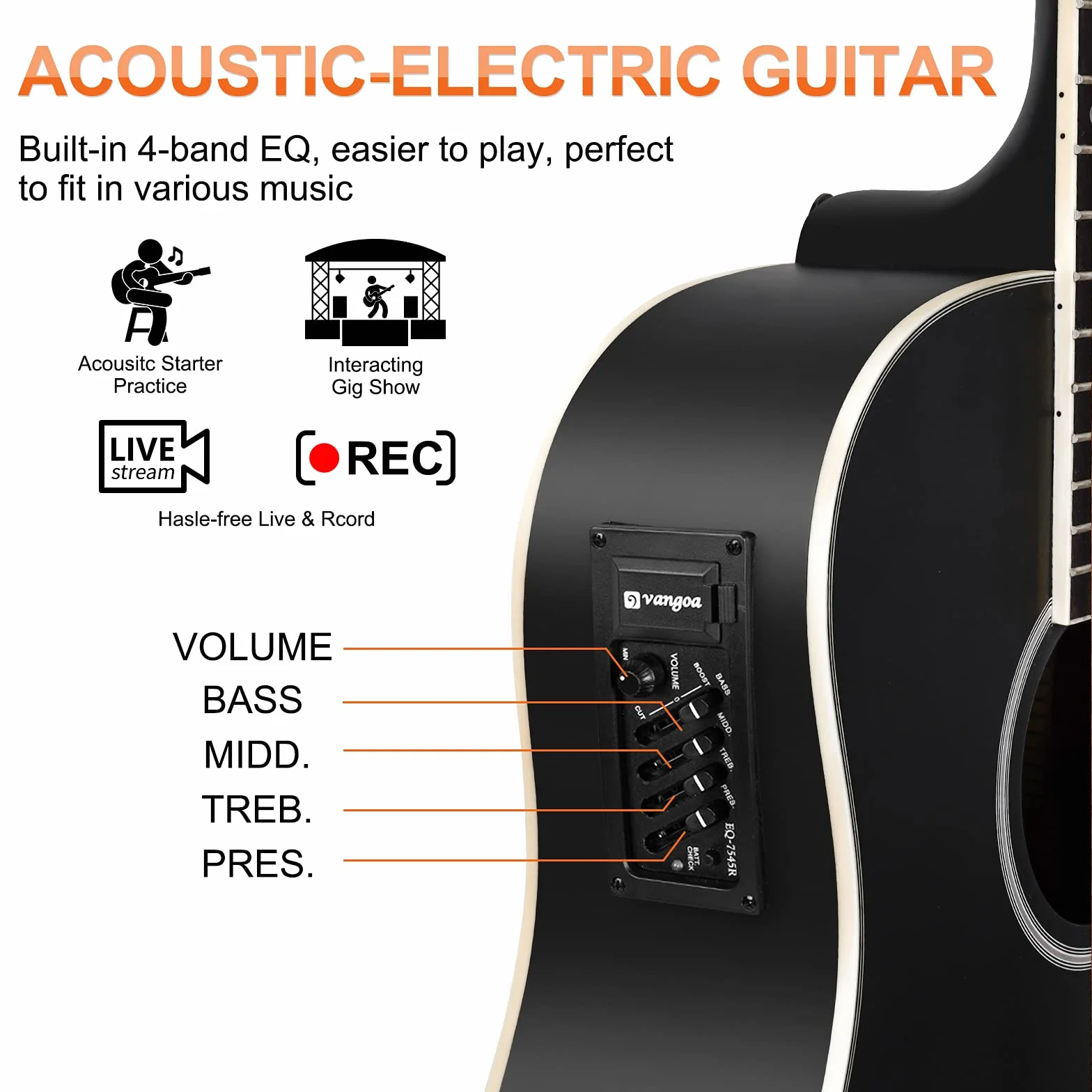 Vangoa Electroacústicas Guitarra de 12 Cuerdas 41 pulgadas con Ecualizador de 4 bandas Dreadnought Doce-cuerdas Guitarra, Negro