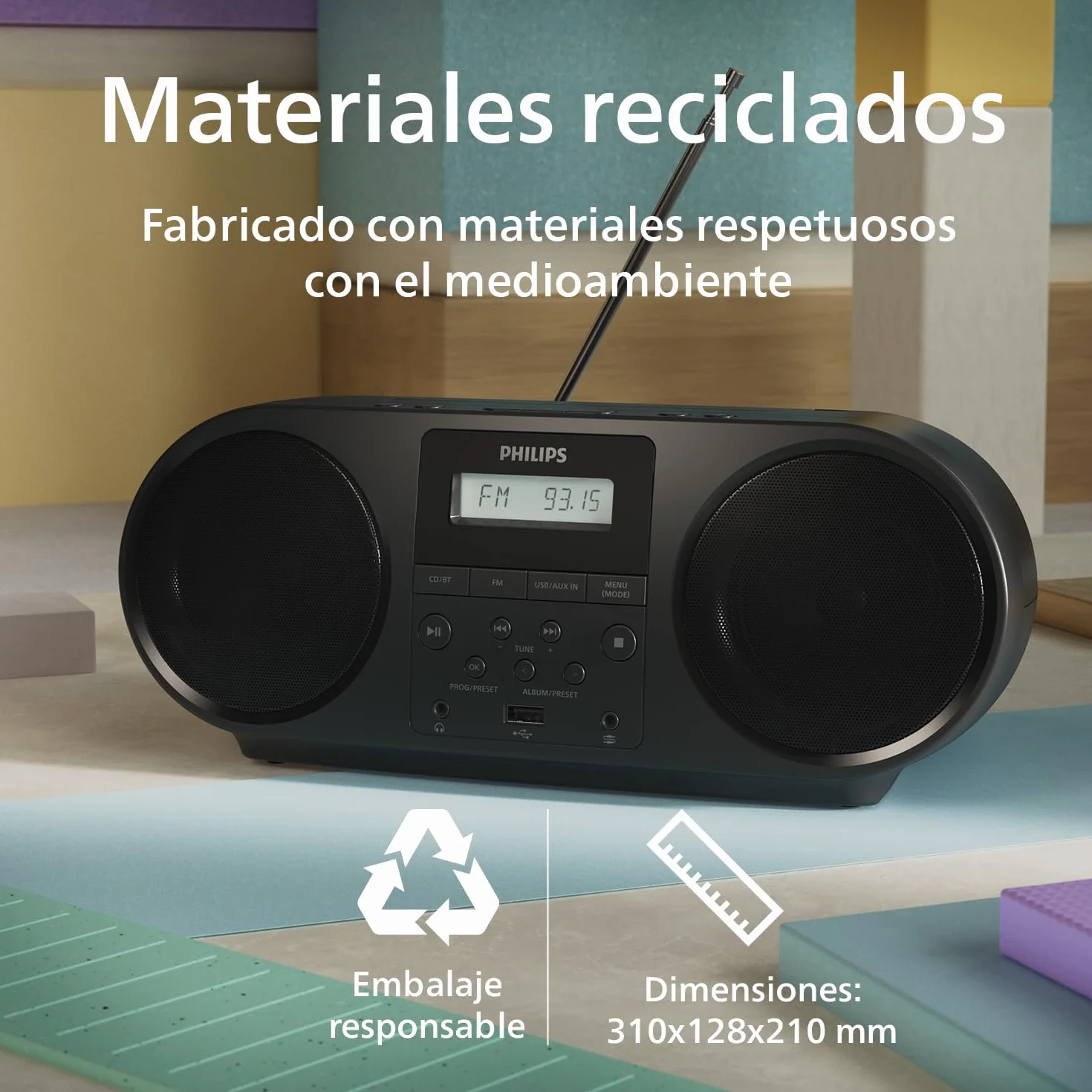Philips TAZ5000 Reproductor CD Todo-en-1 con Radio FM, Bluetooth 5.4, USB, Graves dinámicos, Materiales reciclados