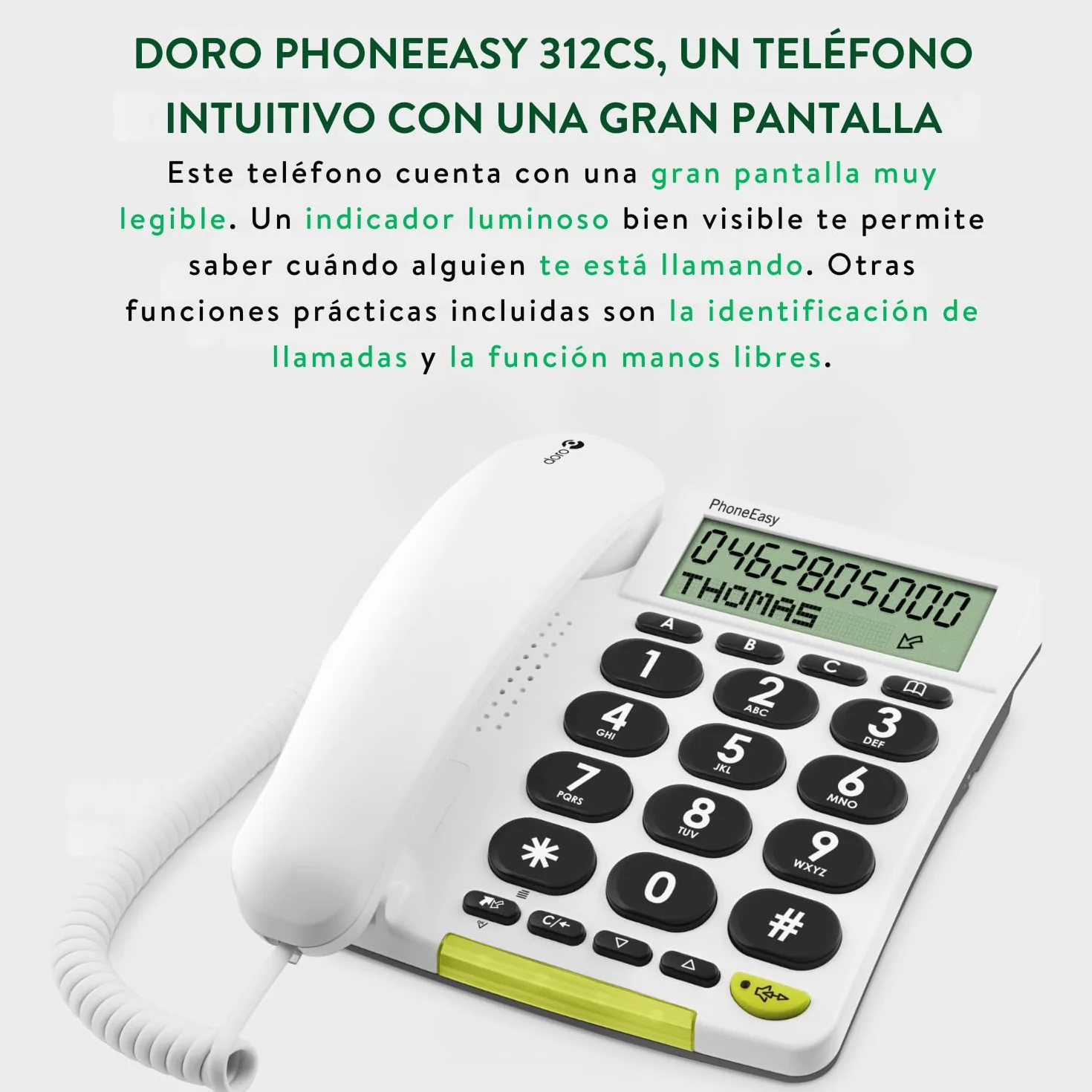 DORO PhoneEasy 312CS Telefono Fisso per Anziani Tasti Grandi Display LCD Retroilluminato Vivavoce Identificatore di Chiamata Bianco