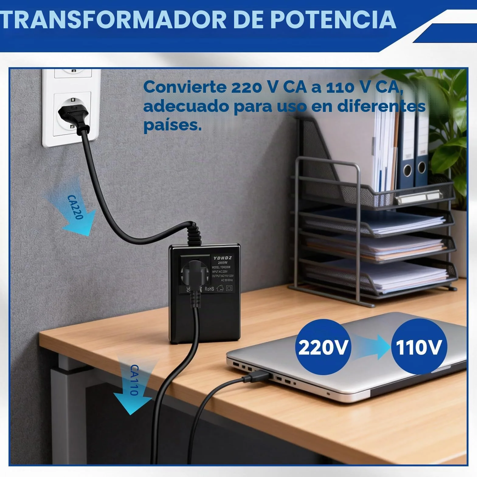 Transformador 220V a 110V Convertidor de Voltaje 200W Adaptador Reductor de Corriente para Viajes Internacionales Enchufe