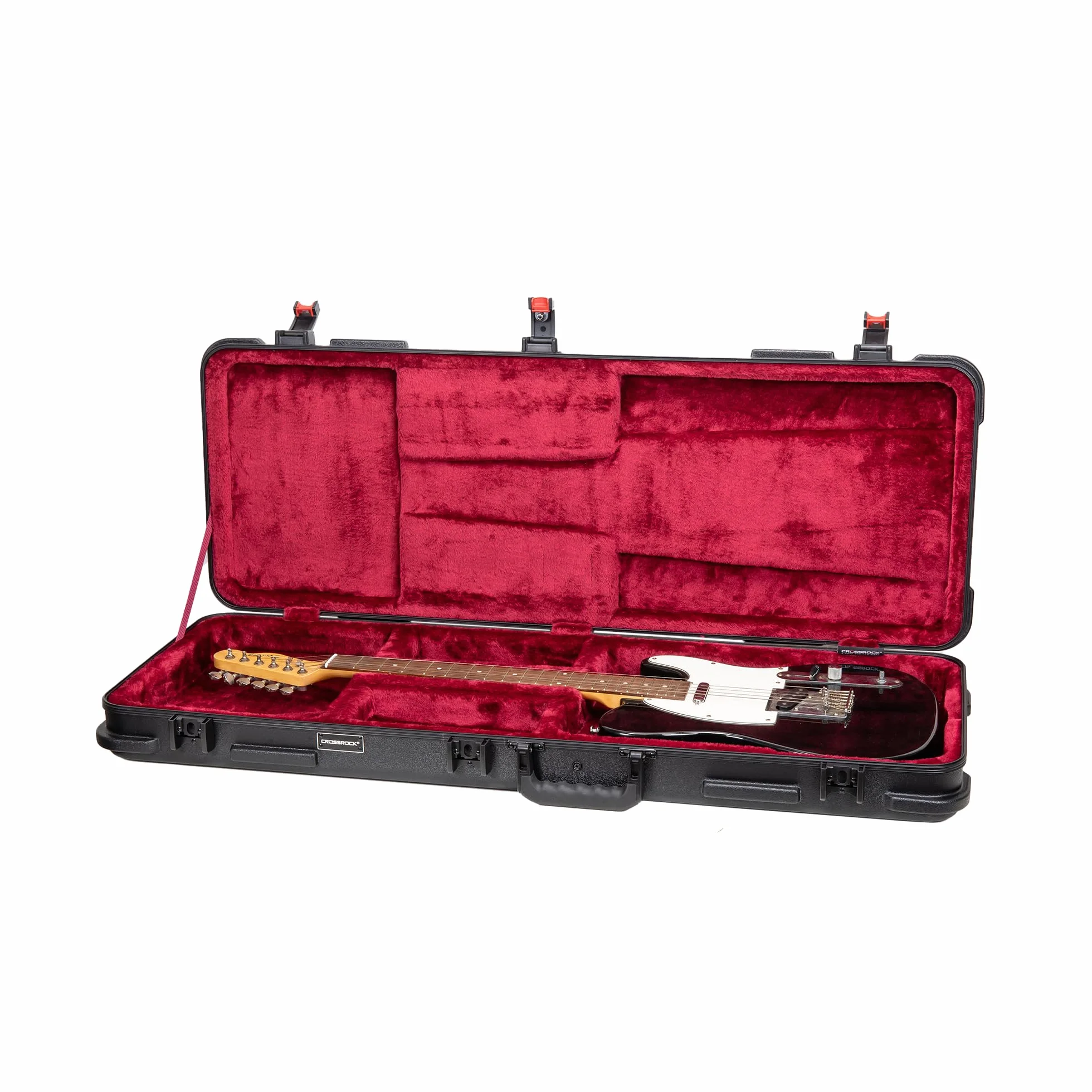Crossrock Funda de Vuelo de Guitarra eléctrica ABS para Stratocaster y Telecaster, Acabado Negro Mate, Interior de Terciopelo borgoña, Cerradura TSA, Serie Moldeada