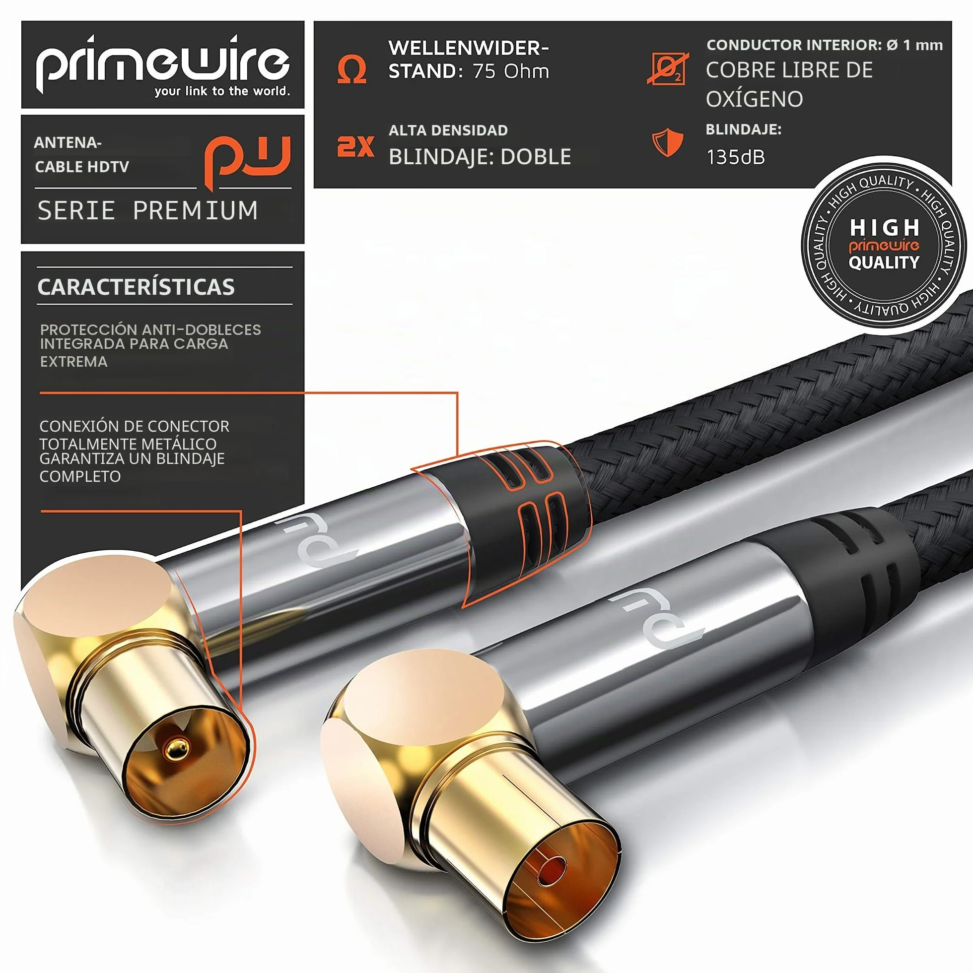 CSL - Cable de antena HDTV de 1 m con trenzado 8k 4k HDTV - Conector de antena (ángulo) a acoplamiento de antena (ángulo) - 135 dB 75 Ohm - Ángulo de 90° - DVB-T y DVB-T2 DVB-C DVB-S DVB-S2 Radio FM