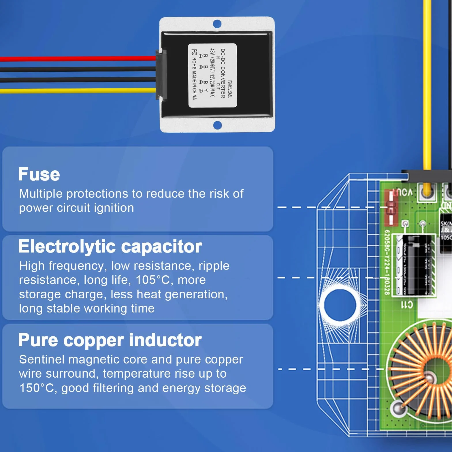 Convertidor Reductor DC 36V 48V 60V a 12V 20A 240W, IP67 Impermeable Regulador de Voltaje de Coche, Buck Converter Módulo Fuente Alimentación