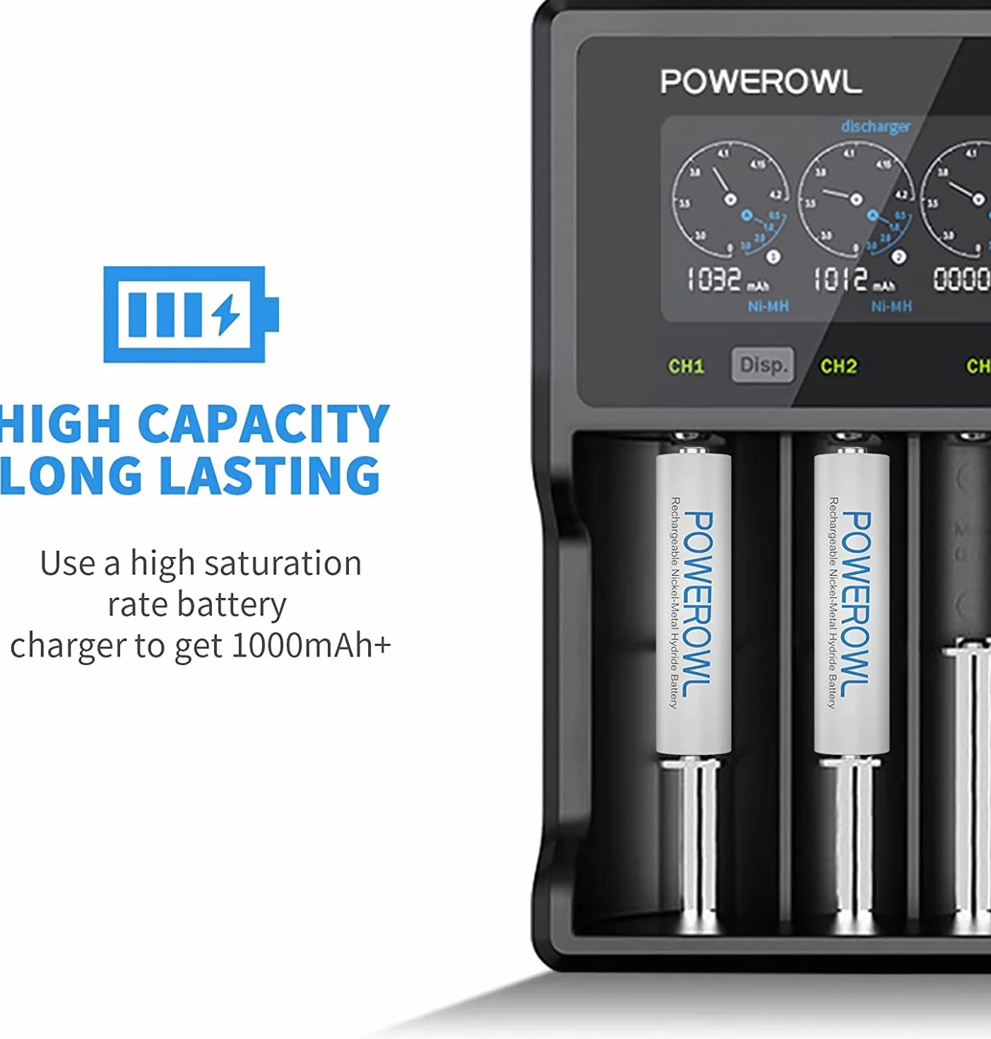 POWEROWL AAA Ni-MH 1000mAh 1.2V Pilas Recargables Alta Capacidad Baja Autodescarga (16 Piezas)