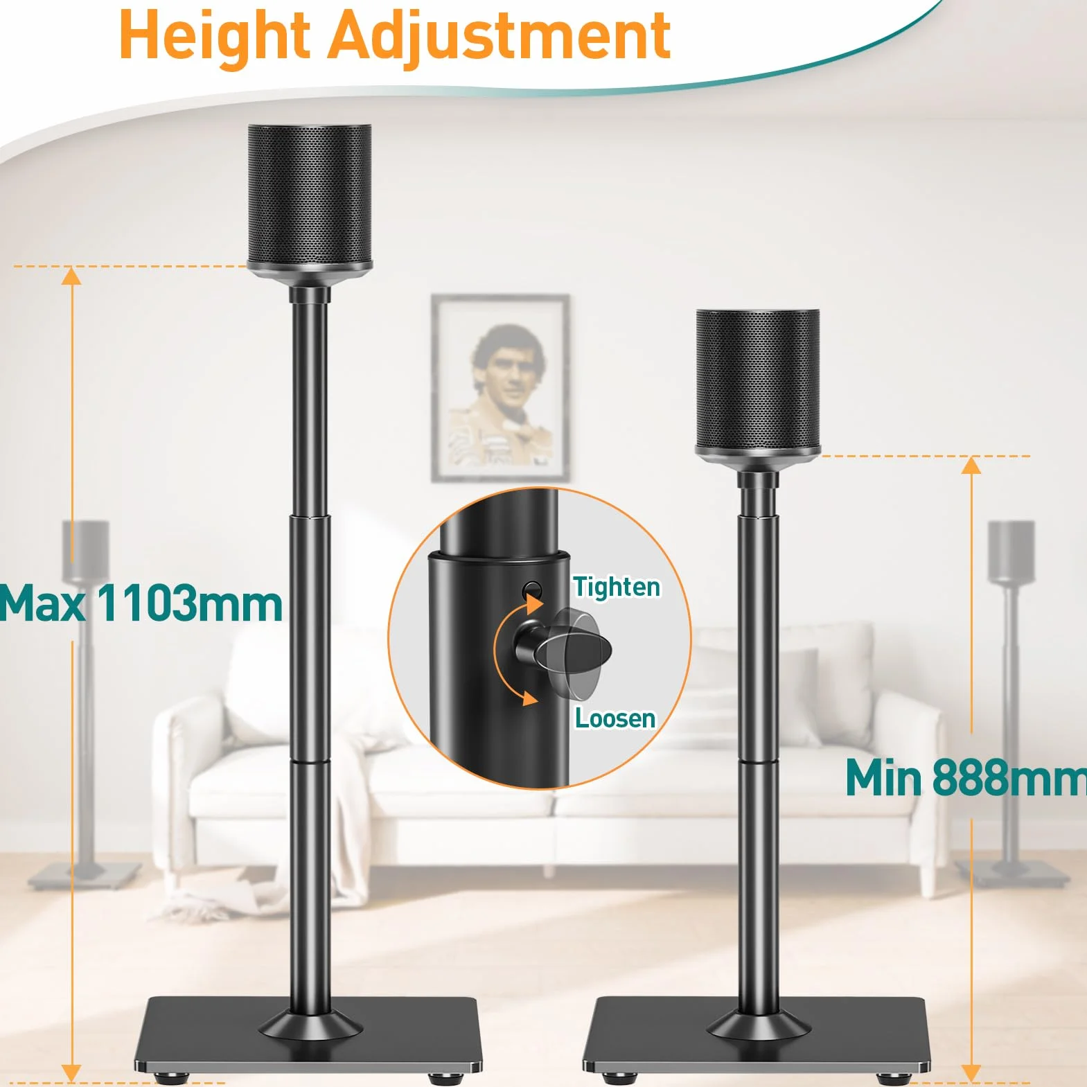 ELIVED Soporte de Altavoz para Era 100, Sonos One, One SL Play: 1, Altura Ajustable de 86,8 a 110,3 cm, Soporte de Altavoz, 1 par, EV5024