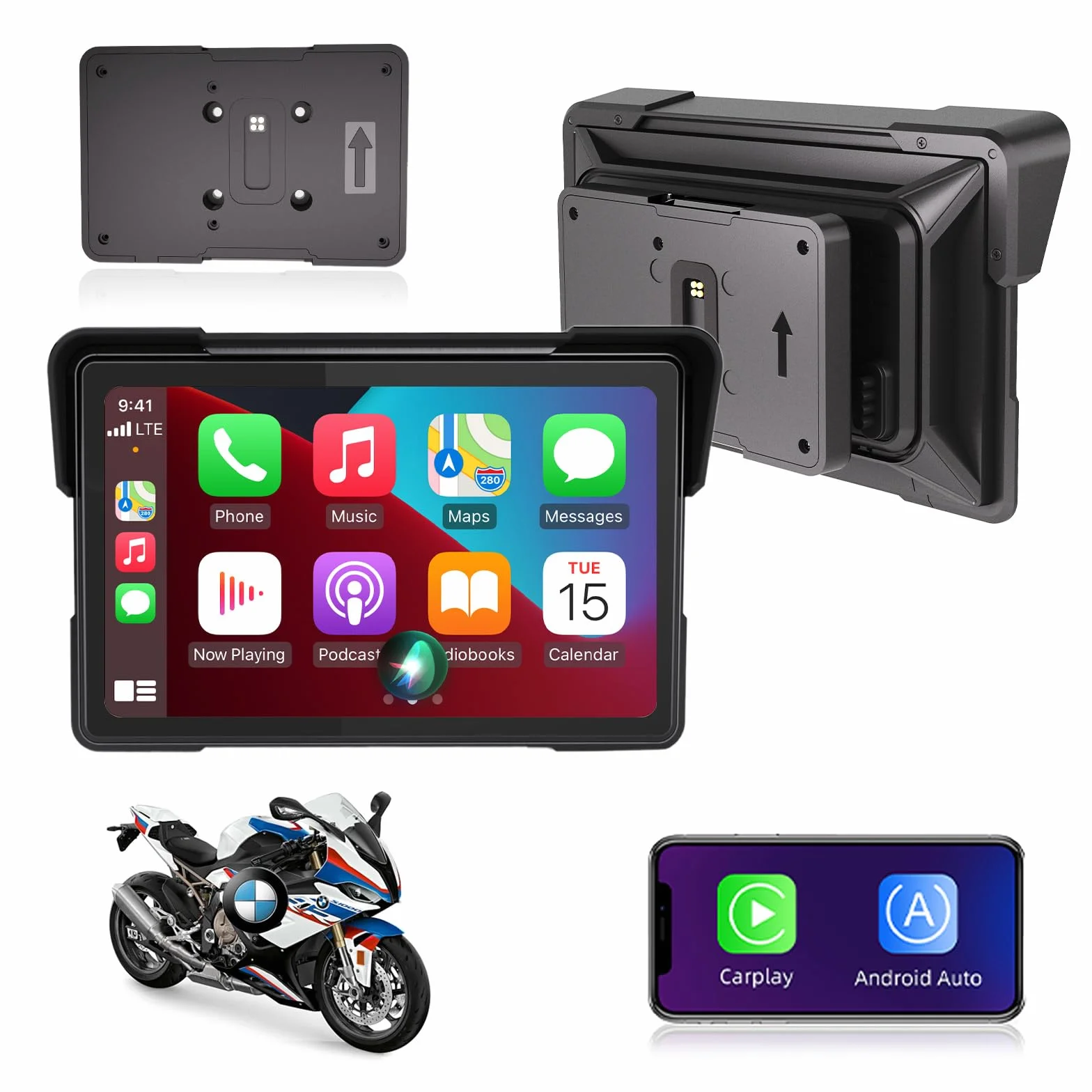 Carplay Moto para Motocicletas BMW, 7" Pantalla Navegador Moto Inalámbrico CarPlay y Android Auto, Fácil de Instalar Resistencia al Agua IP67, Bluetooth, Navegación GPS, Siri/Google Asistente