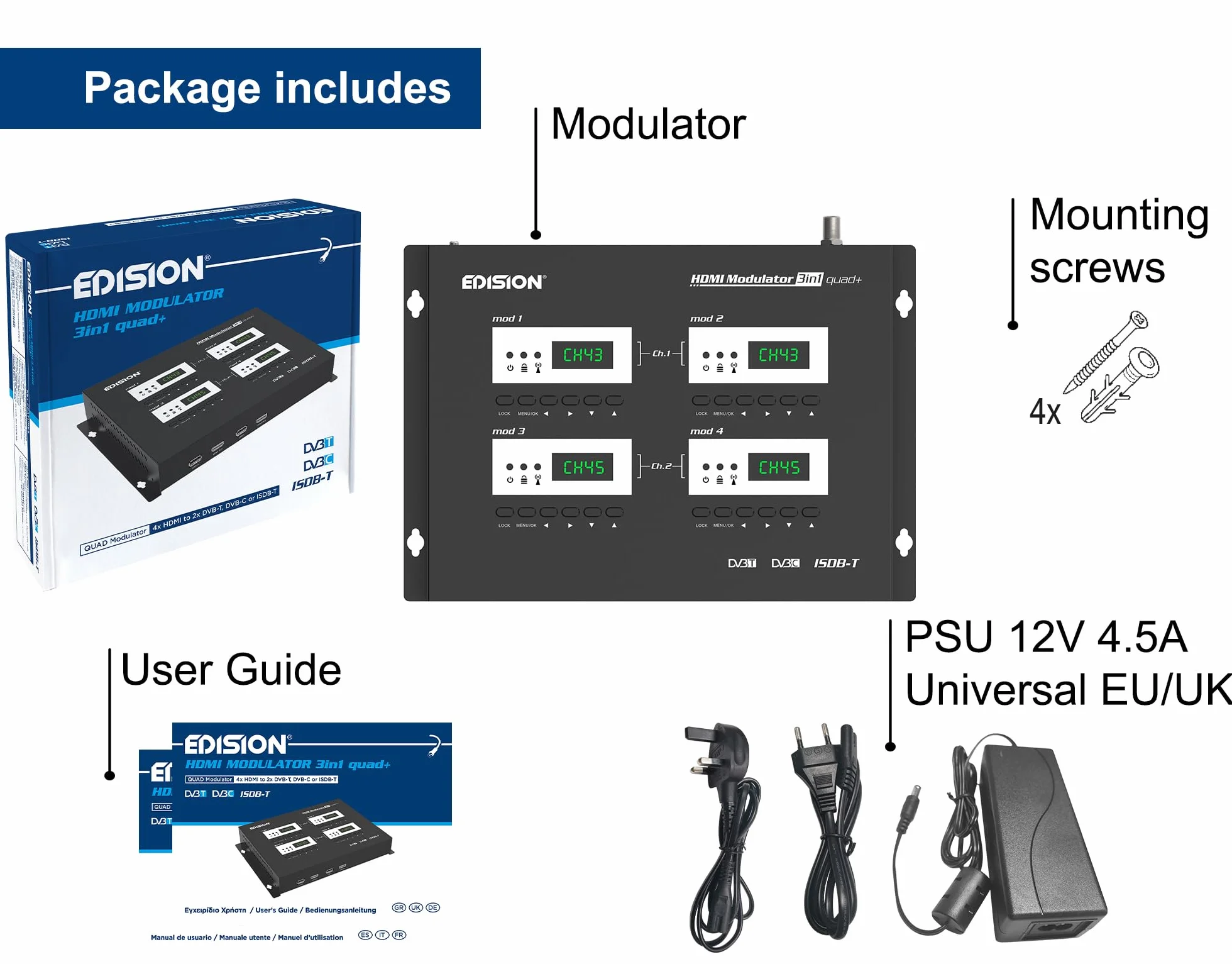 EDISION HDMI Modulator 3in1 Quad+, RF Modulador 4X HDMI a terrestre DVB-T, ISDB-T o Cable DVB-C, 3 SEÑALES de modulación SELECCIONABLES, Distribución Full HD sobre Cable Coaxial, Plug and Play