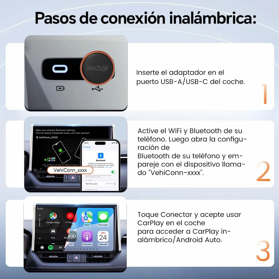 Carlinkit Mini Ultra 3 Wireless CarPlay Adaptador, Adaptador de coche Android inalámbrico, convierte OEM con cable a inalámbrico, USB A/C Plug & Play, conexión automática, actualización OTA, naranja