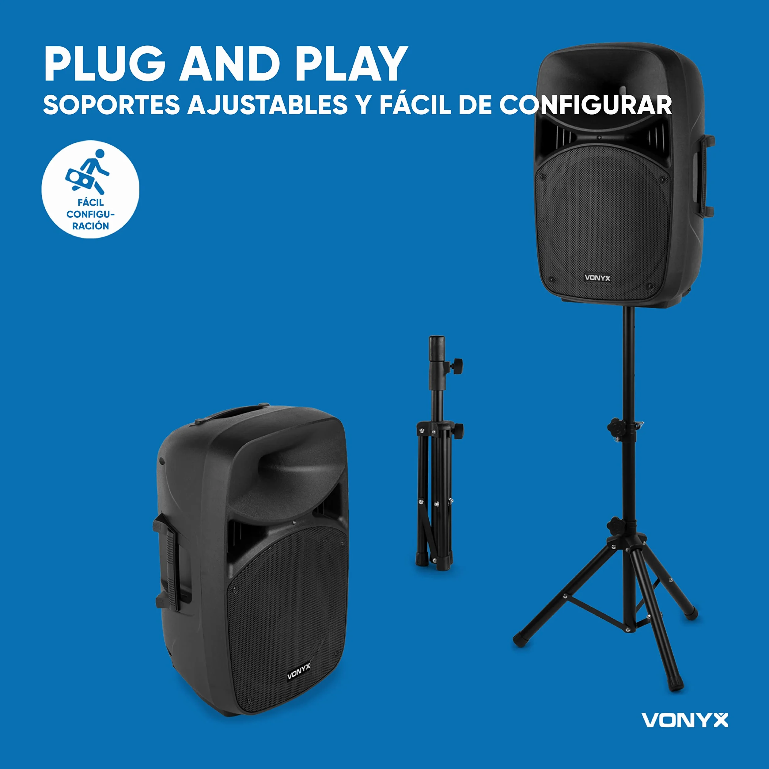 Vonyx VPS152A + WM552 – Altavoz portatil bluetooth potente 1000W con 2 altavoces 15", USB, trípodes y 2 microfonos inalambricos, equipo de sonido profesional para eventos DJ y karaoke, color negro
