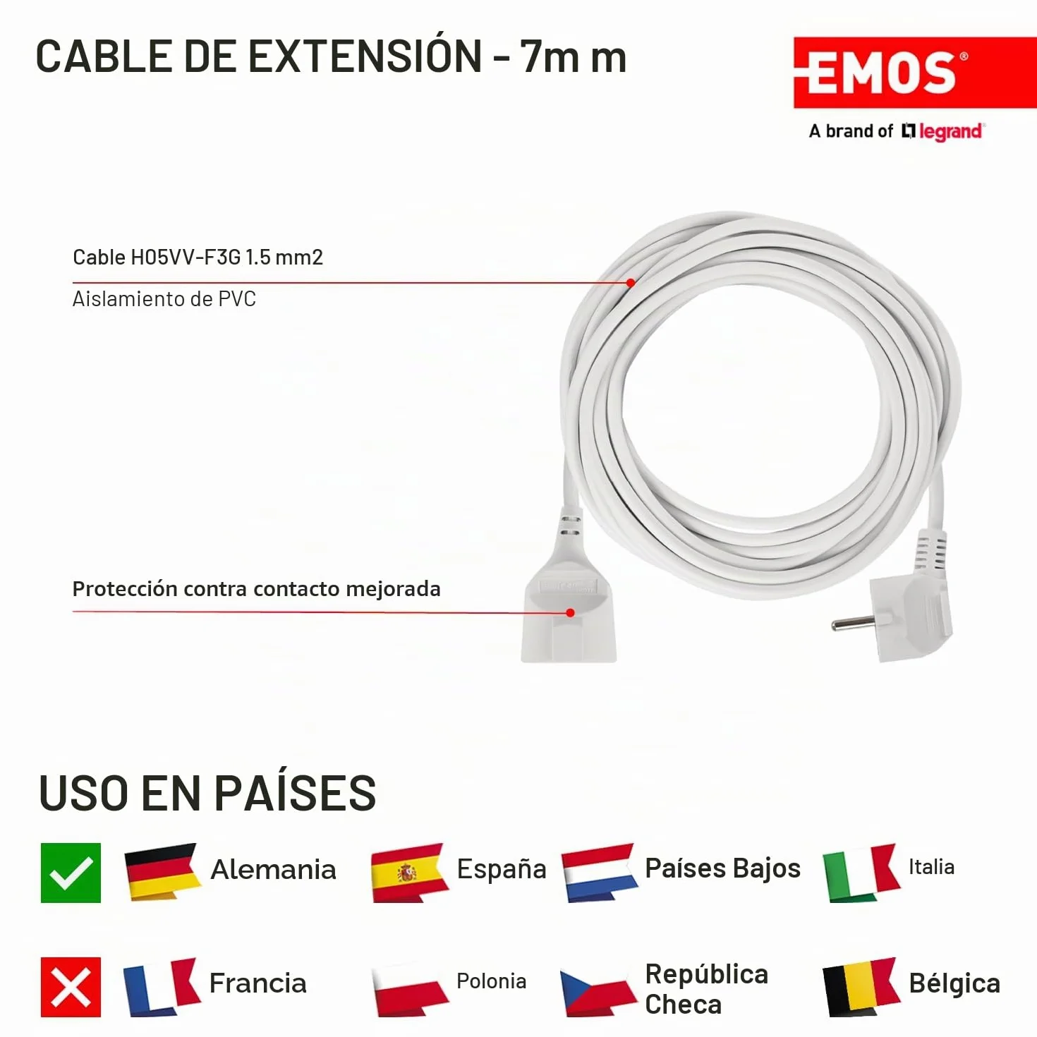 EMOS Cable alargador IP20 7 m 1 enchufe Schuko 250 V 16 A 3680 W H05VV-F3G 1,5 mm2 Blanco