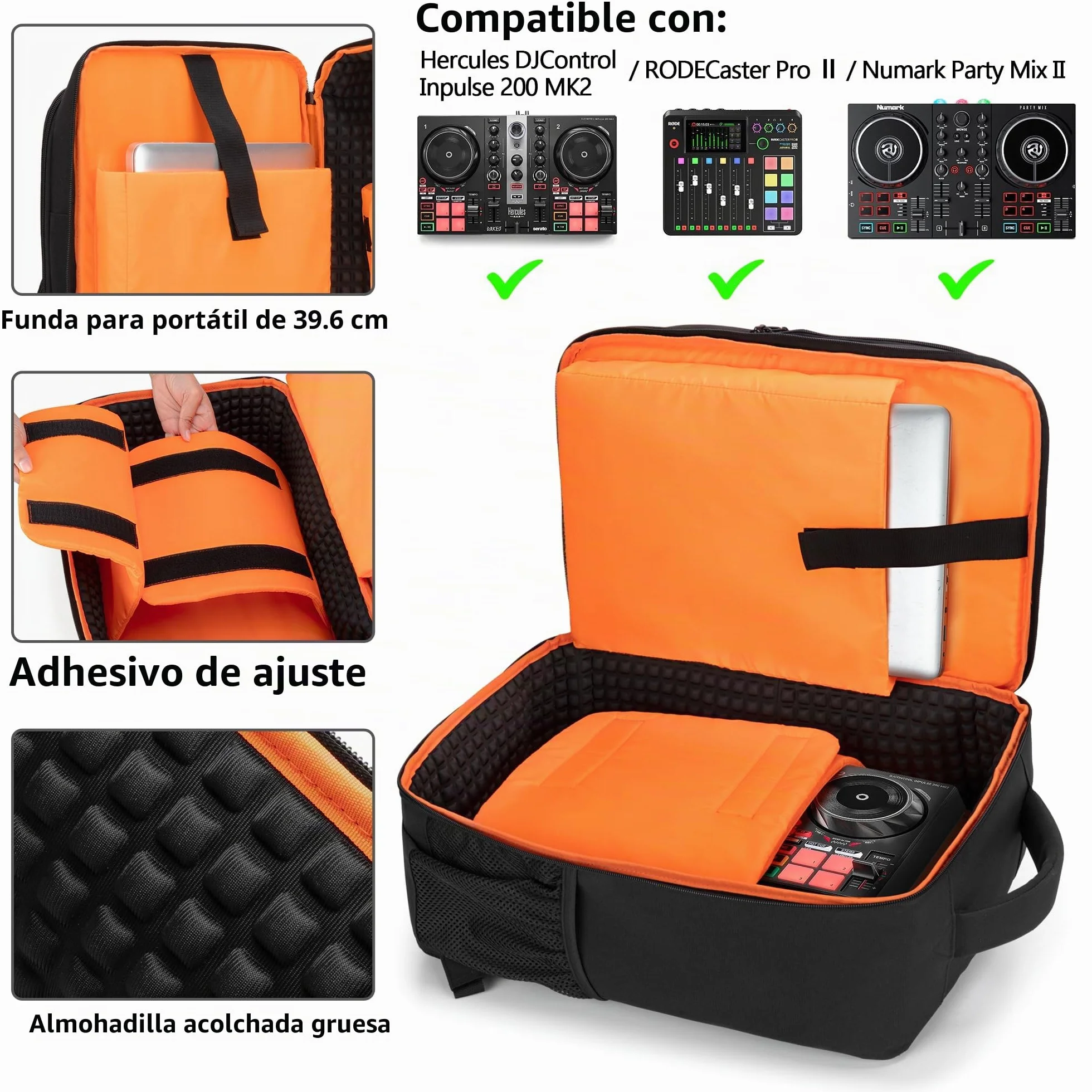 PGmoon Bolsa para controladores de DJ Compatible con Hercules DJControl Inpulse 200 MK2/Numark Party Mix II/RODECaster Pro II, Mochila para Mezclador DJ con Muchos Bolsillos para Micrófonos, DJ Cables