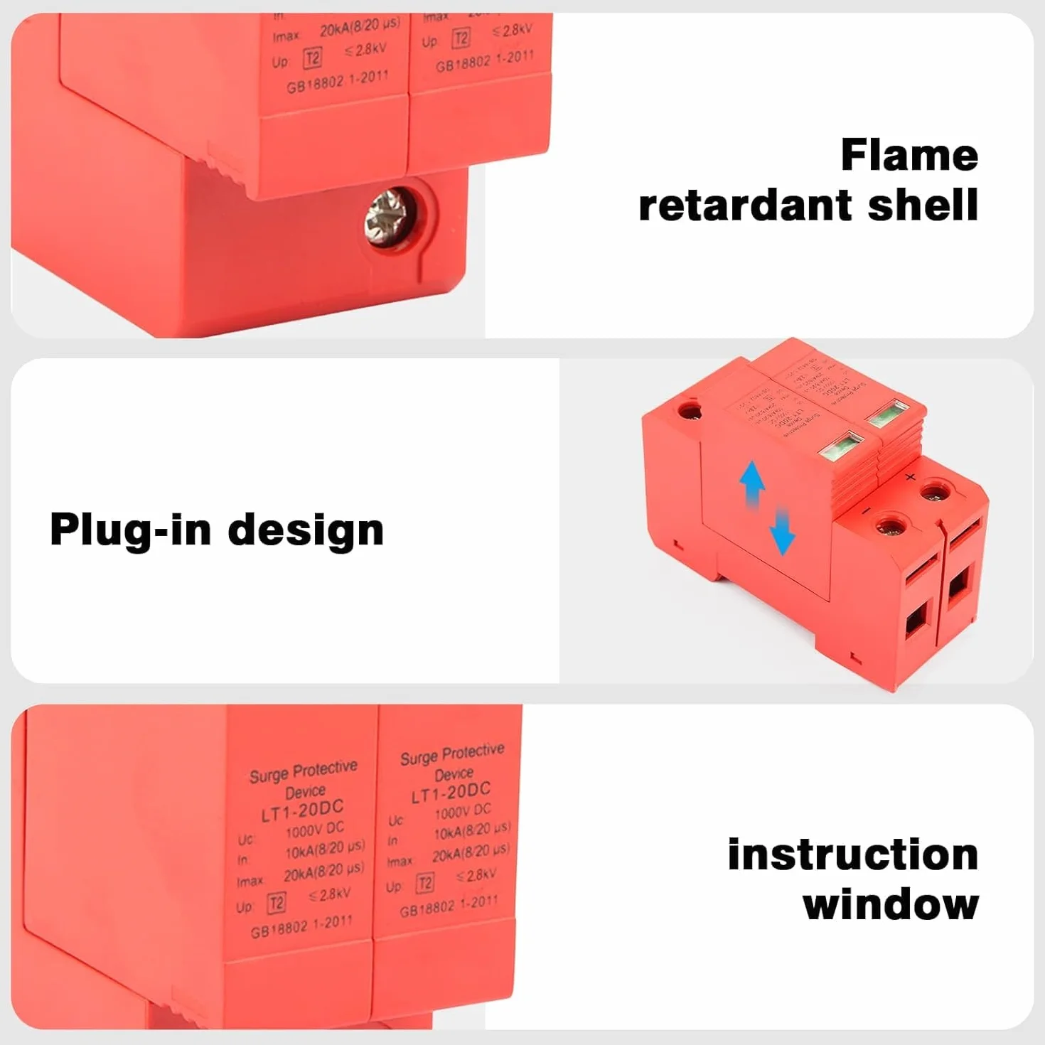 DEWIN Dispositivo Descargador, DC 1000V Dispositivo Descargador de Bajo Voltaje de Protección contra Sobretensiones Domésticas 2P 10KA~20KA