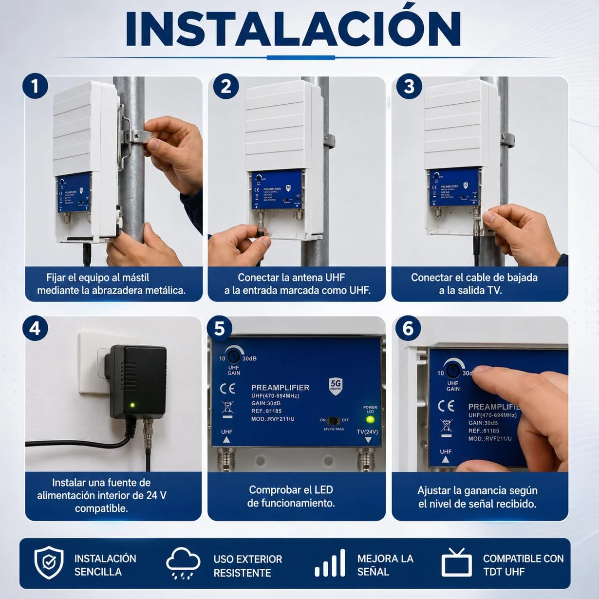CABLEPELADO Amplificador mastil, ganancia de 30dB regulable manualmente y filtro LTE 5G integrado, adaptado al 2º Dividendo Digital, IP23, Consumo 48 mA, Alimentacion 24 VDC, 1 entrada 1 salida