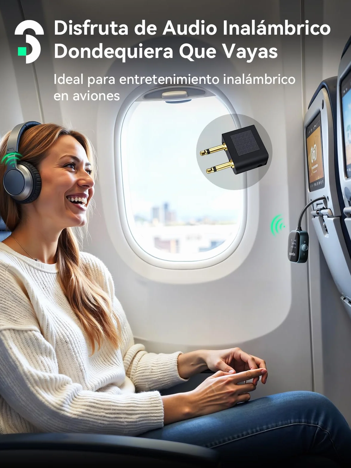 SOOMFON Transmisor Receptor Bluetooth 5.3, 2 en 1 Adaptador Bluetooth Jack 3.5 Baja Latencia & HD, Esmisor Audio Doble Conexión con Pantalla LCD, Receptor para TV/Avión/Coche/Auriculares/Altavoces